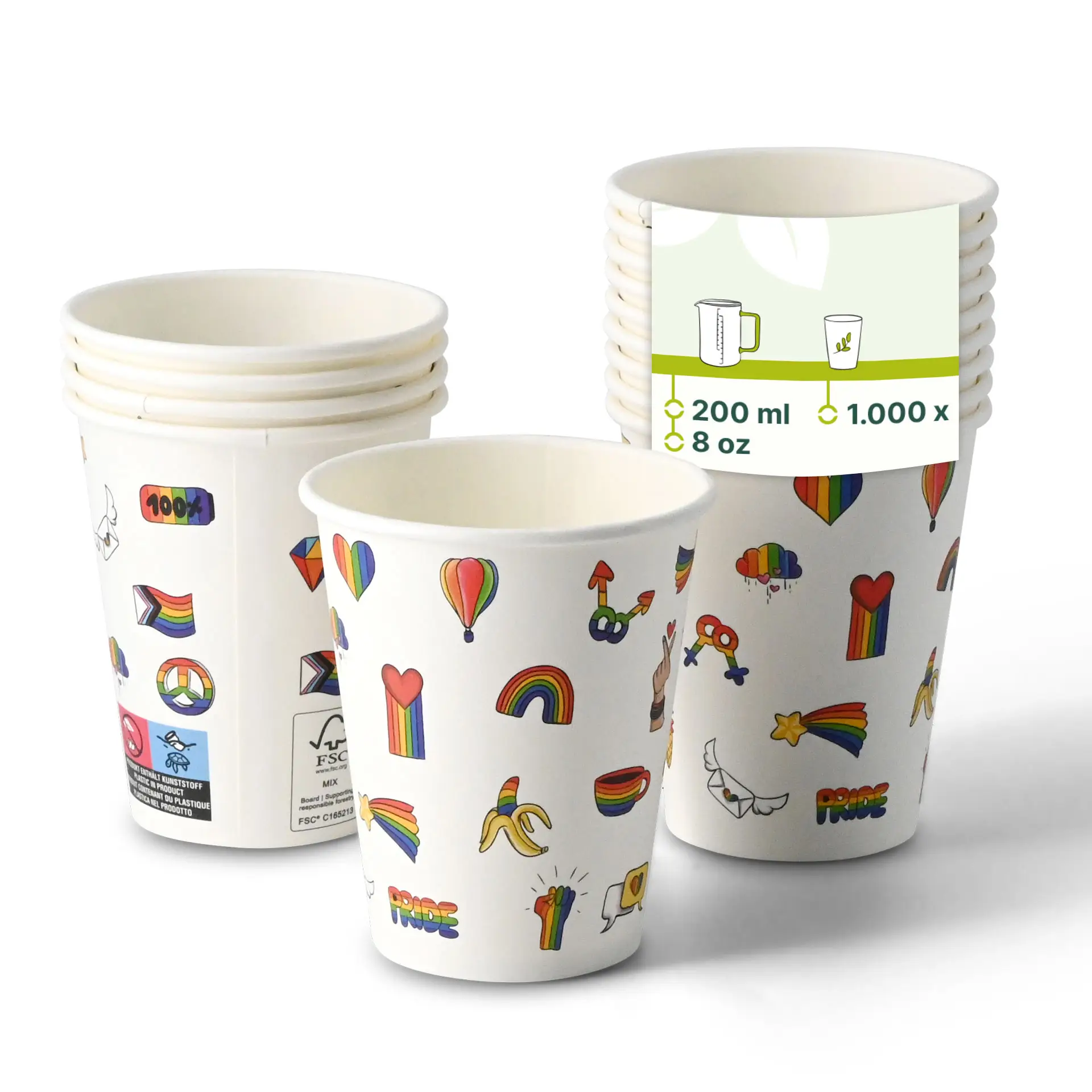 Een witte papieren beker bedrukt met kleurrijke "Pride"-ontwerpen; verschillende vergelijkbare bekers weergegeven met verminderde opaciteit.