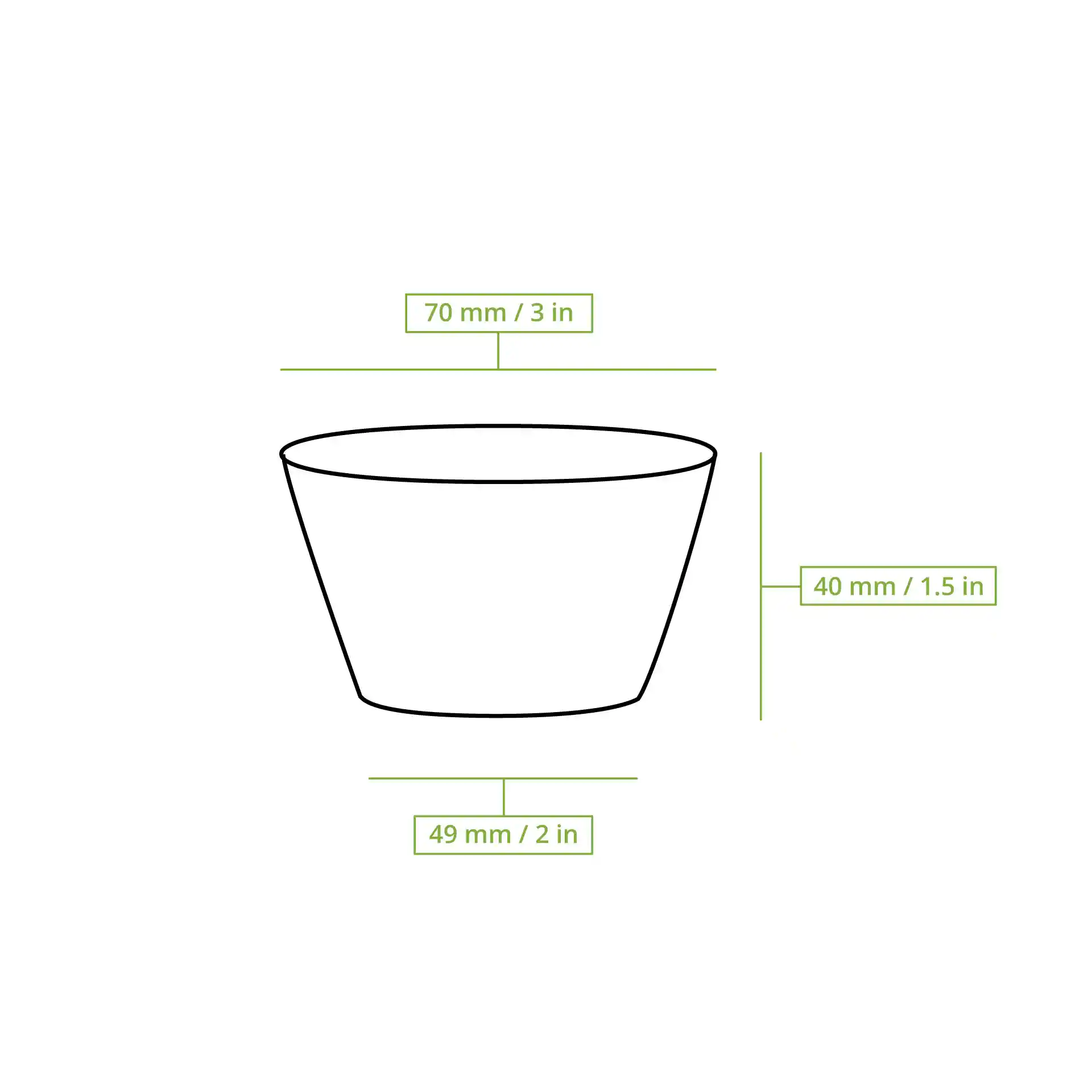 Schematische tekening van een transparante beker met afmetingen: diameter 70 mm, hoogte 40 mm en basisdiameter 49 mm.