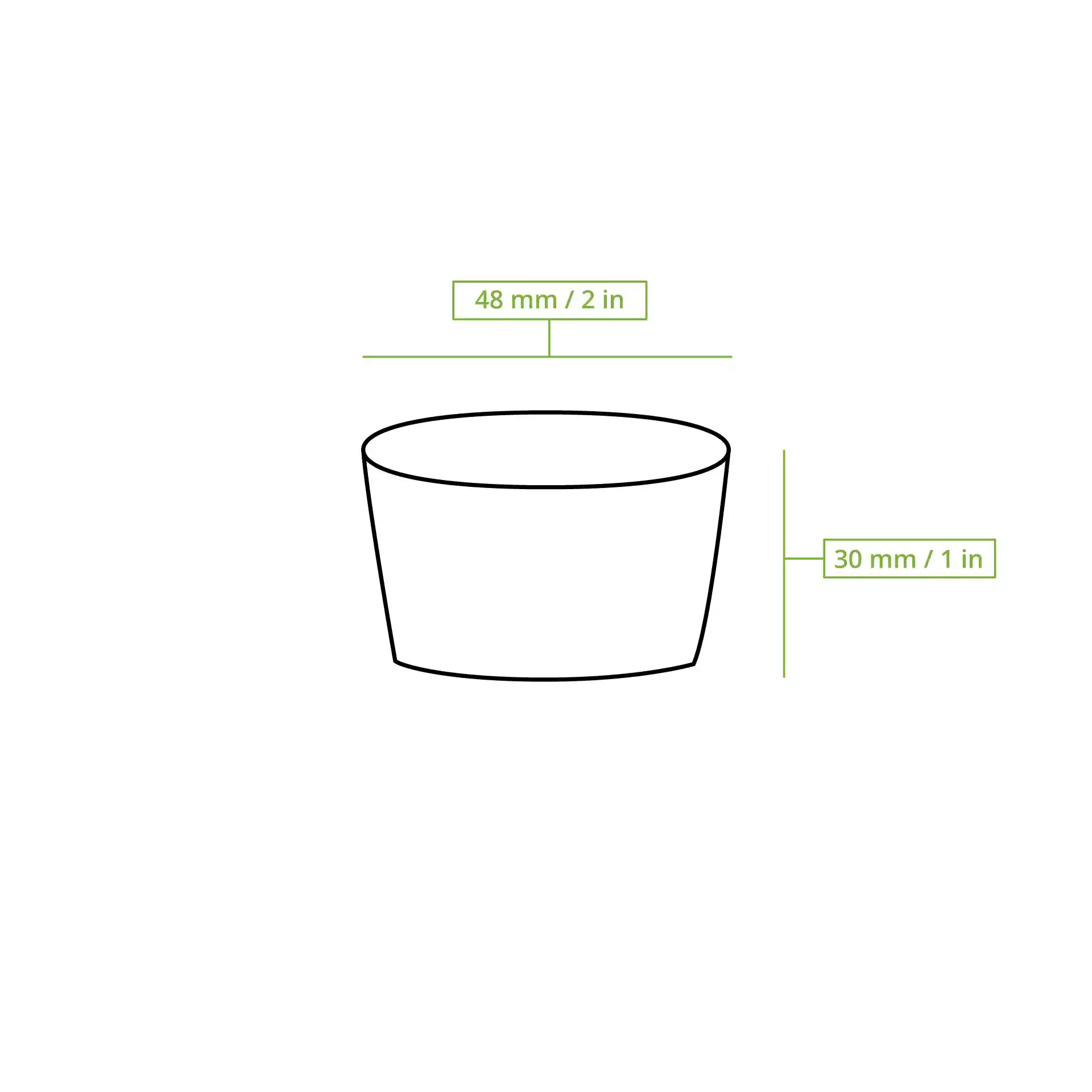 Schematische tekening van een beker met gelabelde afmetingen: 48 mm diameter en 30 mm hoogte.