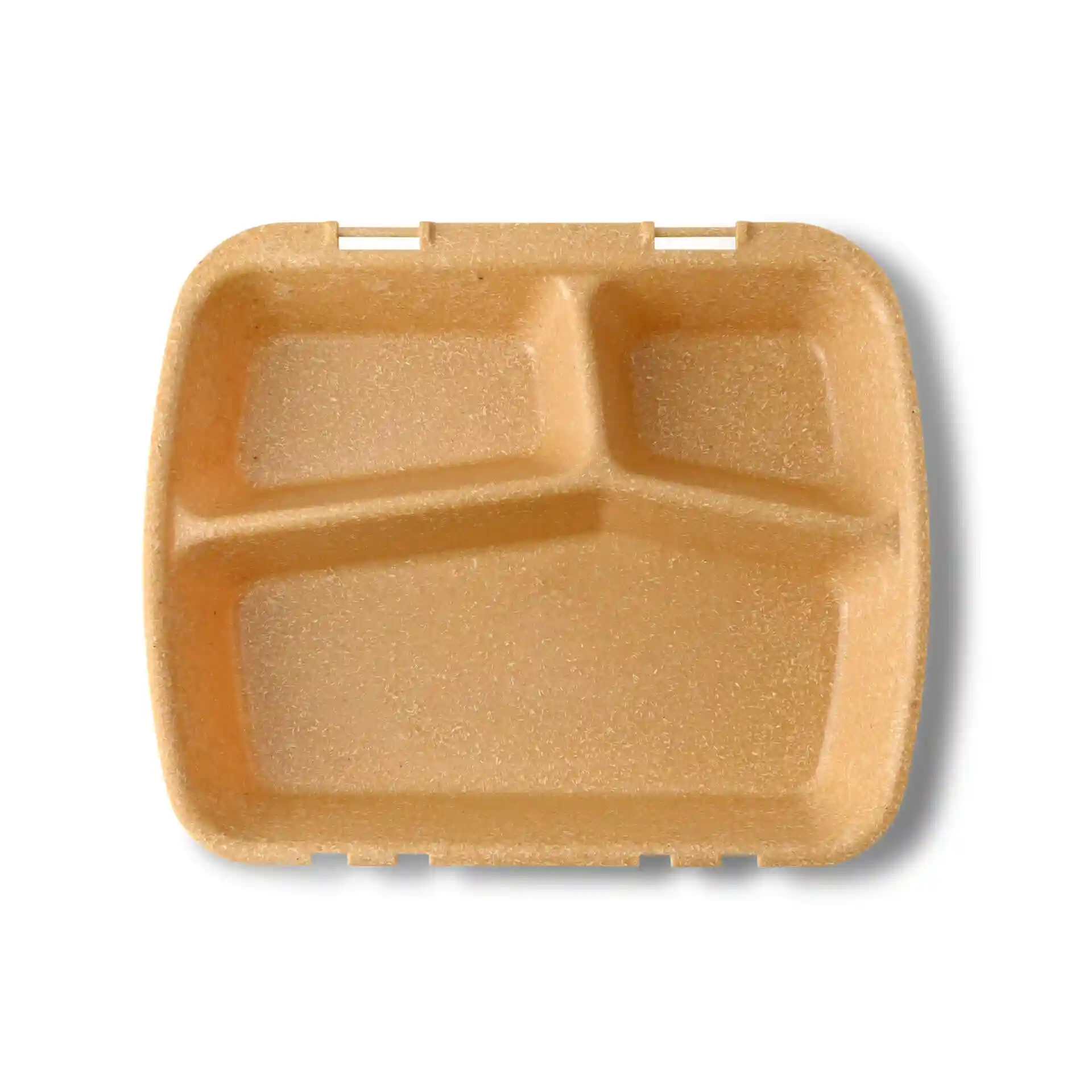 Bruine herbruikbare maaltijdcontainer met drie compartimenten, 24,5 x 20 x 4,5 cm groot.