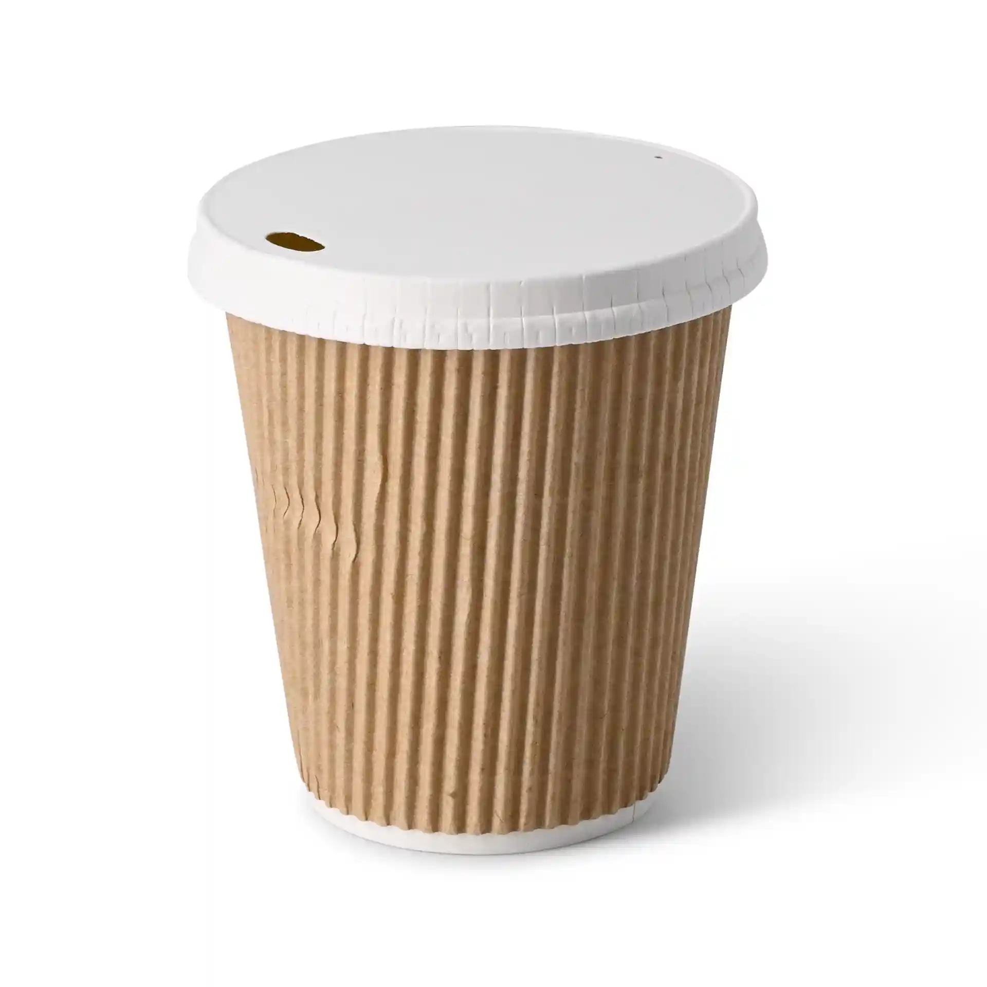 Bruine golfbekers met een witte deksel, 10 oz capaciteit, ronde vorm en gecoat kartonmateriaal.