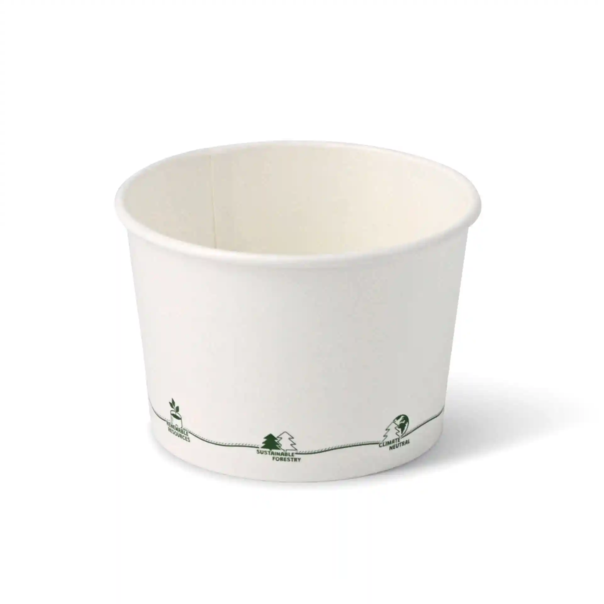 Ronde kartonnen soepcontainer met geprinte eco-iconen, 16 oz capaciteit, 115 mm diameter aan de bovenkant.