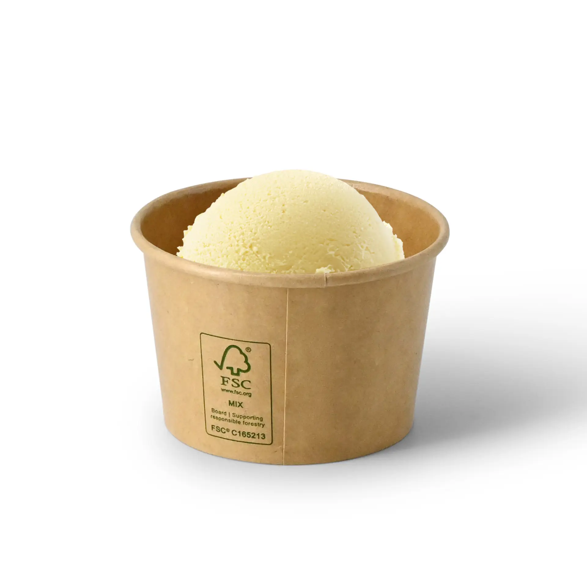 Een bruine papieren beker met een taps toelopende vorm; heeft een FSC-logo en Climate Safe 360-logo nabij de bodem.