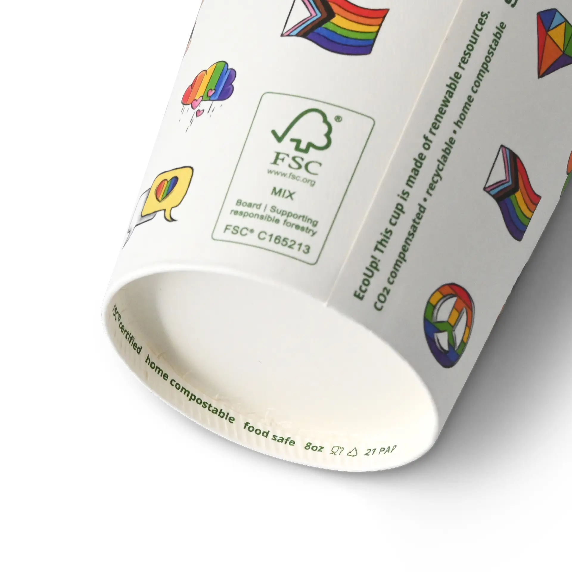 Kartonnen beker bedrukt "Pride" 200 ml / 8 oz, Ø 80 mm, wit
