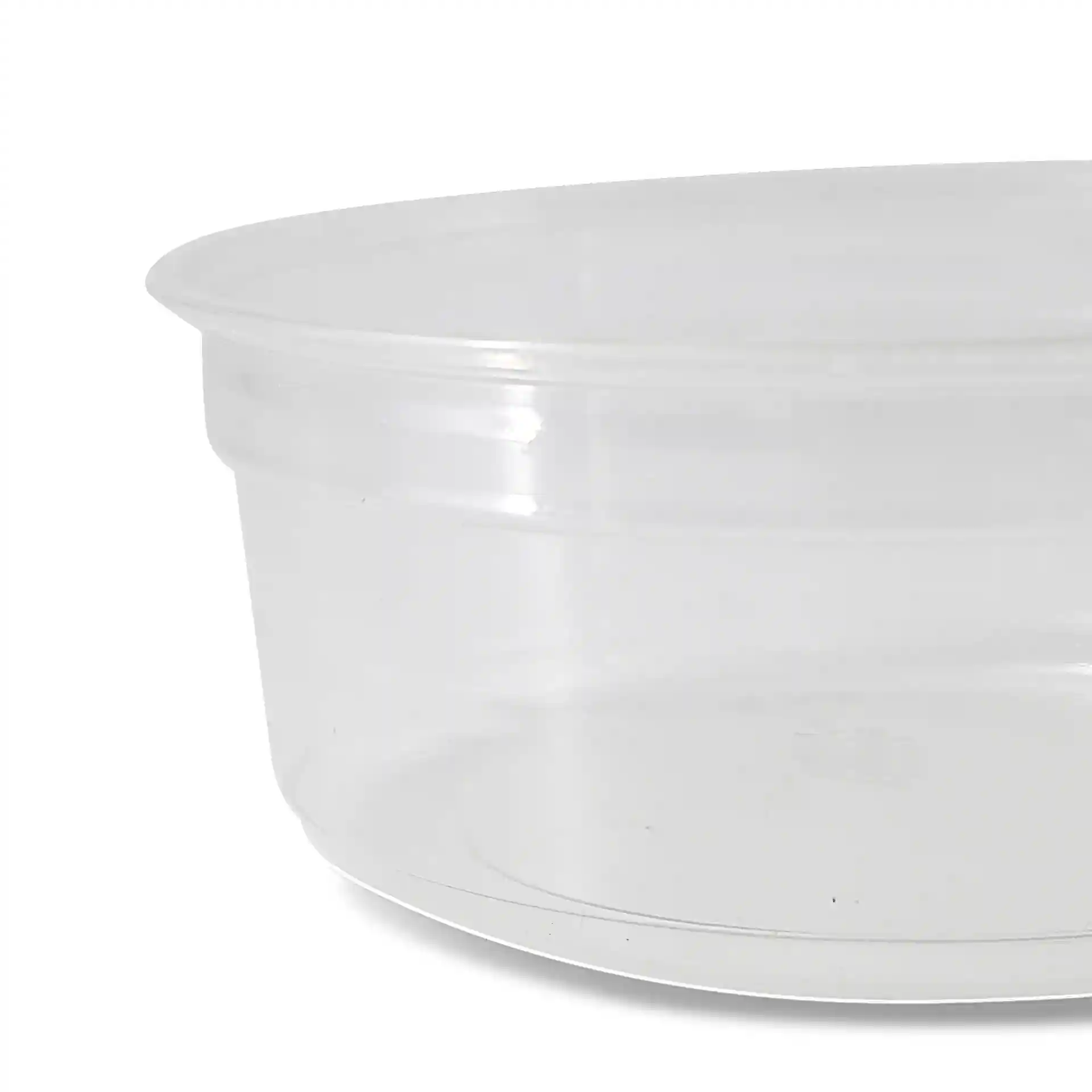 Transparante ronde deli-container met een diameter van 117 mm en een hoogte van 43 mm.