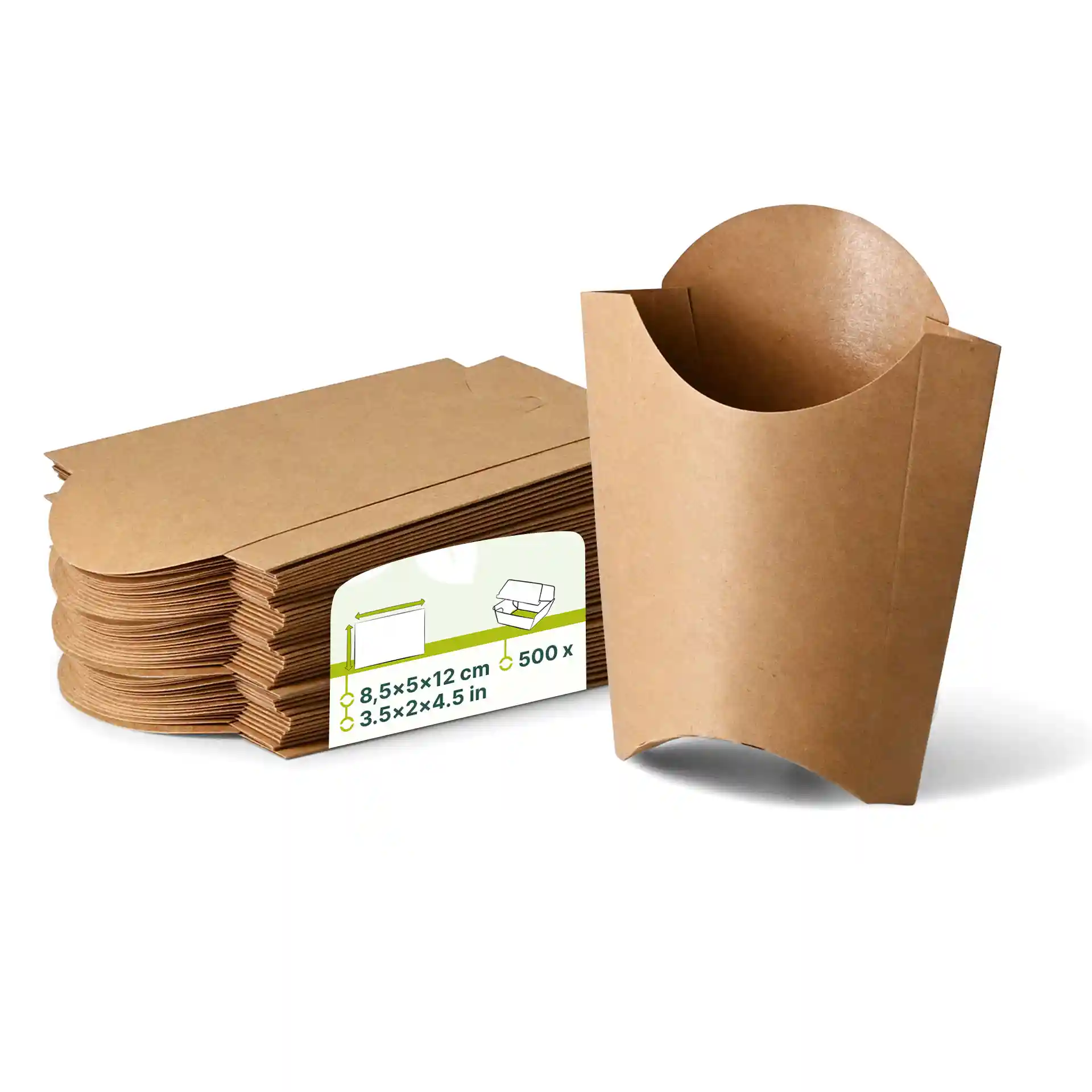 Bruine kartonnen chipslepels, 8,5 x 5 x 12 cm, met meerdere platte stukken gestapeld en één rechtop.