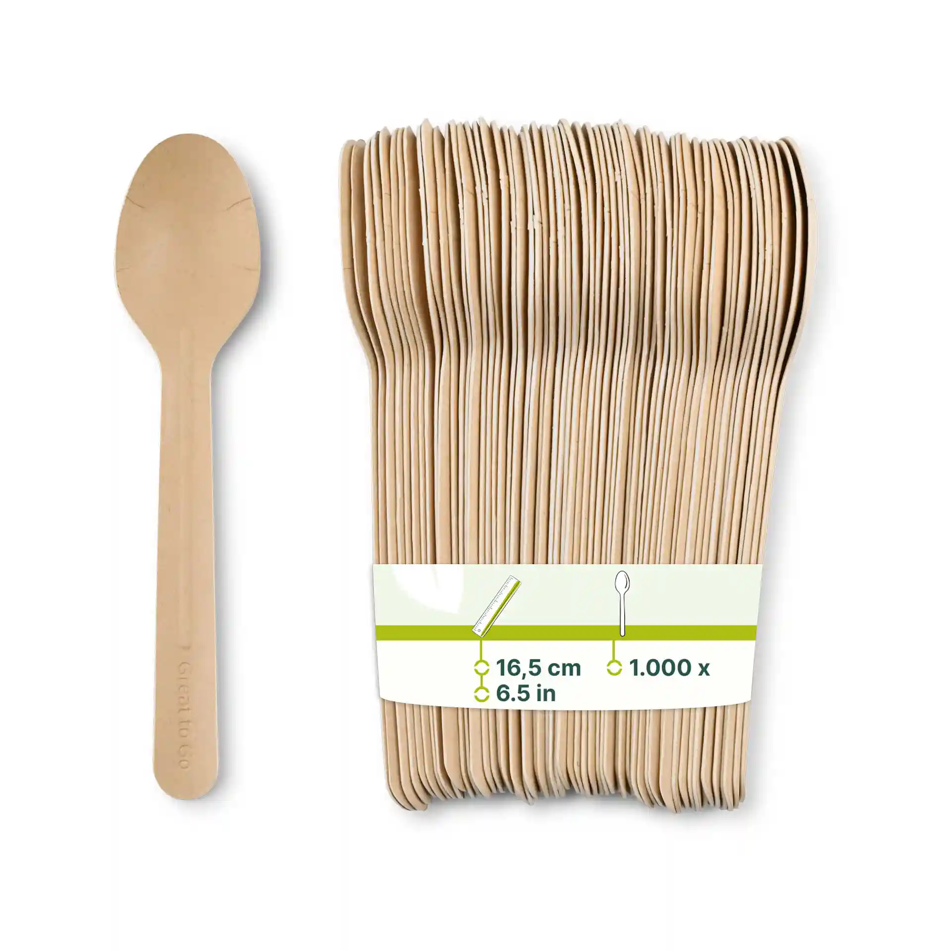Bruine papieren lepels, 16,5 cm lang, weergegeven met een stapel meerdere lepels en een label met productdetails.