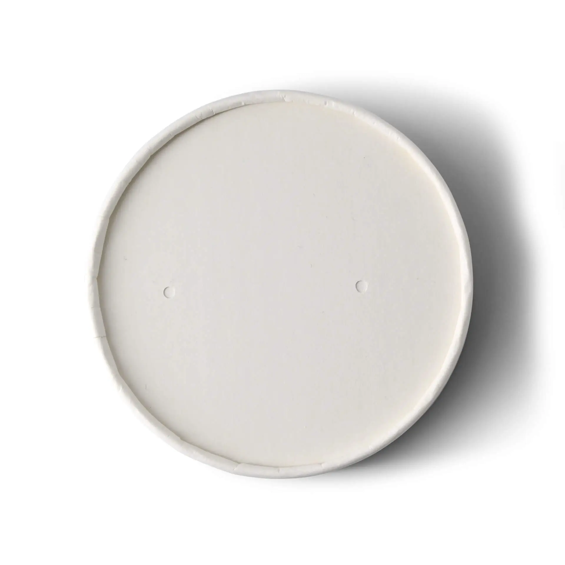Witte kartonnen deksel met een diameter van 100 mm en twee kleine gaten op het oppervlak.