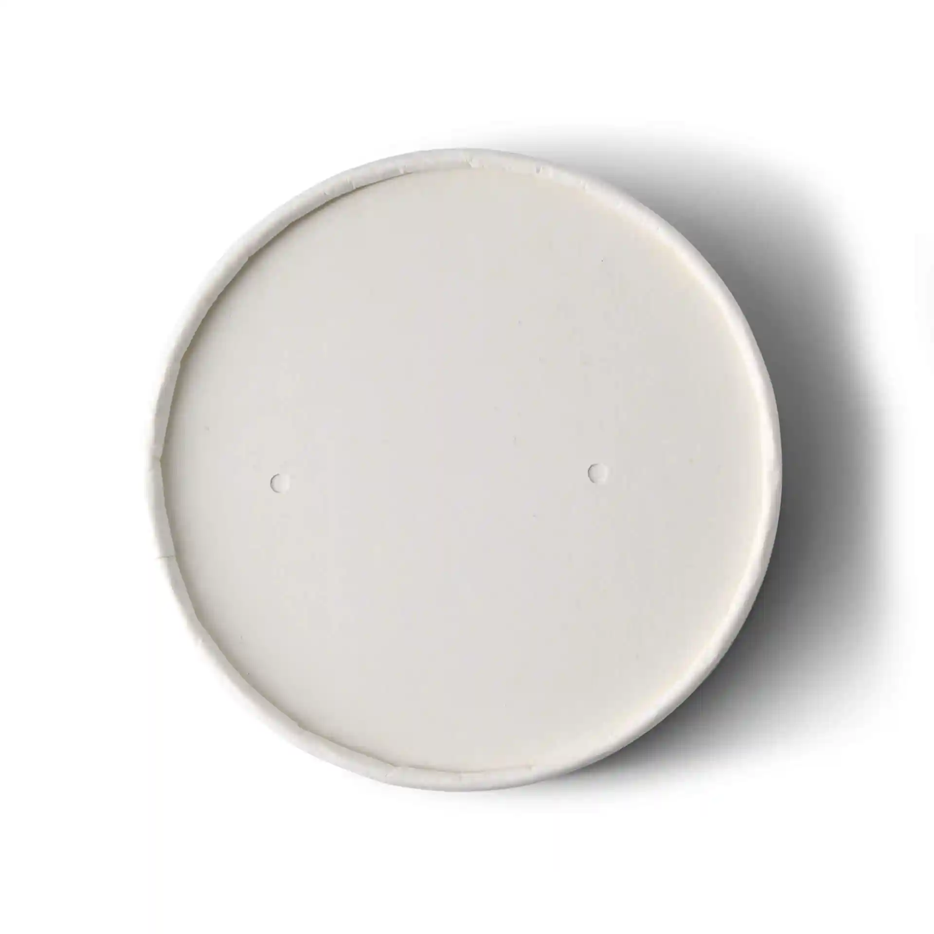 Witte kartonnen deksel met een diameter van 100 mm en twee kleine gaatjes op het oppervlak.