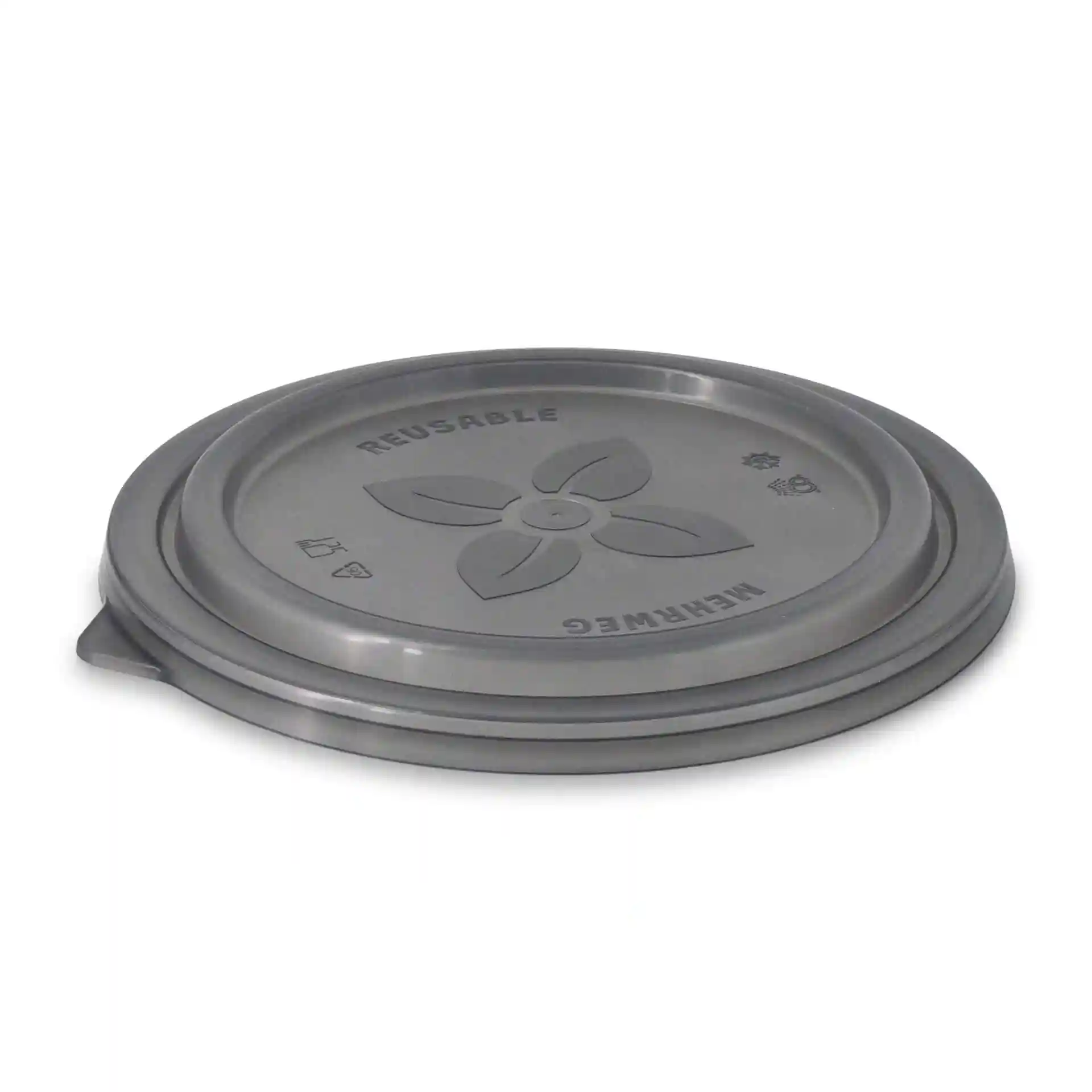 Grijze herbruikbare deksel voor Merways kom, gemaakt van polypropyleen, met een ronde vorm en een diameter van 190 mm.