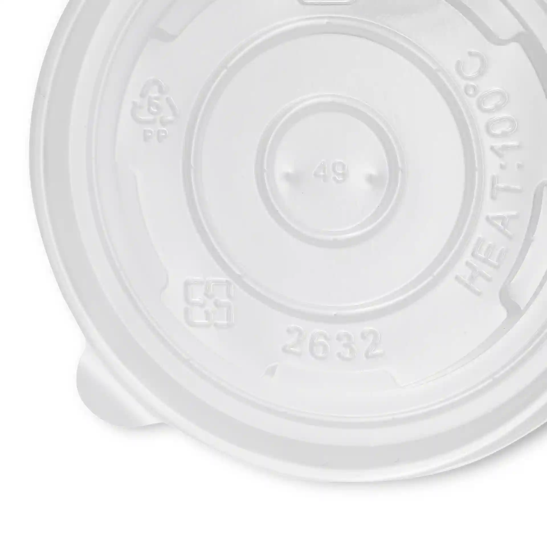 Transparante ronde polypropyleen deksel met een diameter van 90 mm, met markeringen op het oppervlak.