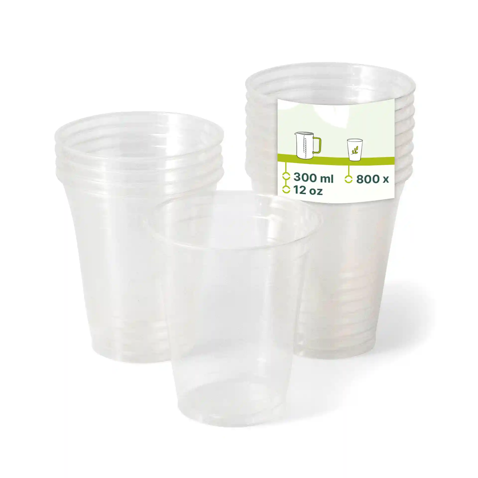 Transparante plastic bekers gestapeld, met één beker vooraan, met een label dat 300 ml capaciteit en 800 stuks aangeeft.