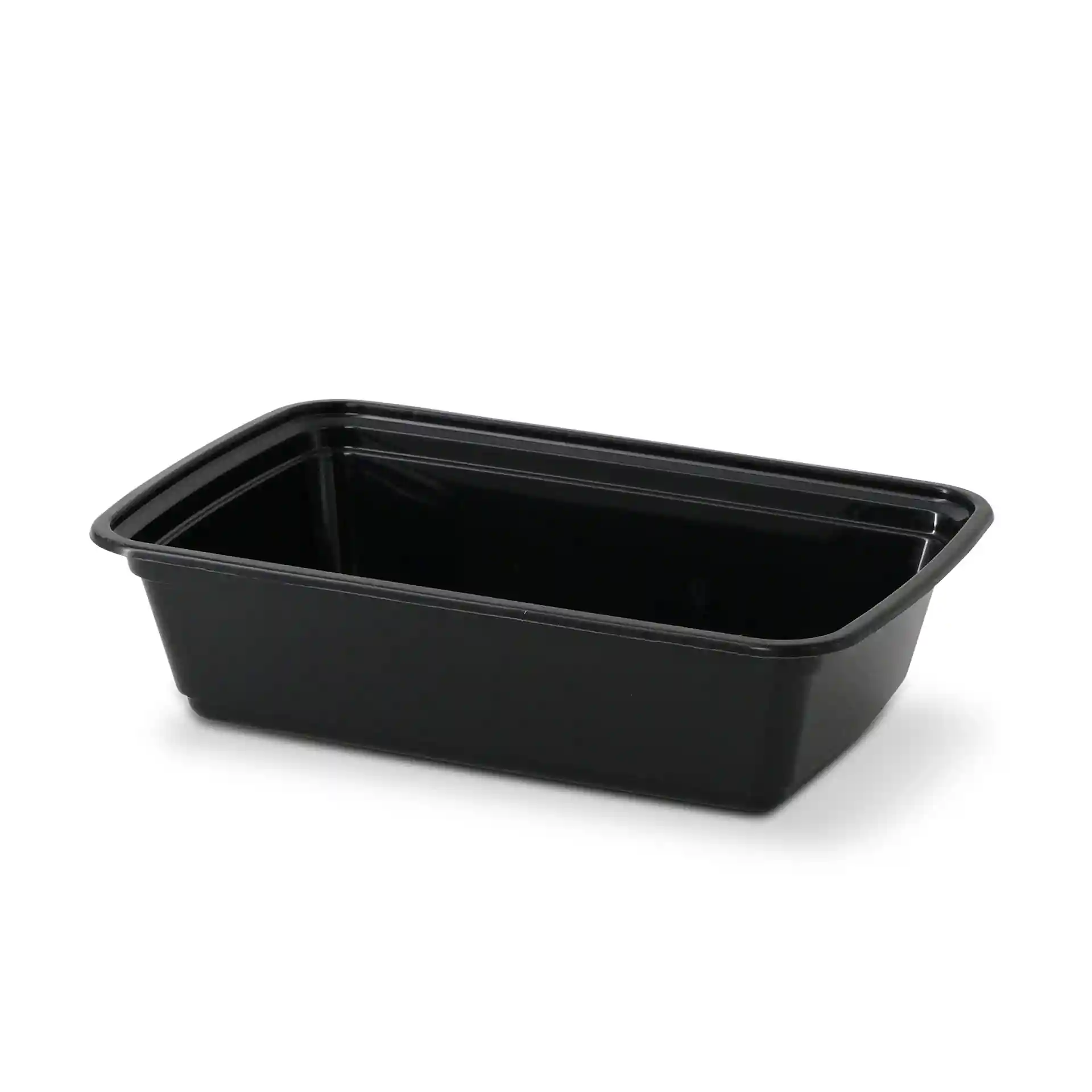 Zwarte rechthoekige herbruikbare container met een volume van 700 ml, 185 mm lang, 124 mm breed en 44 mm hoog.