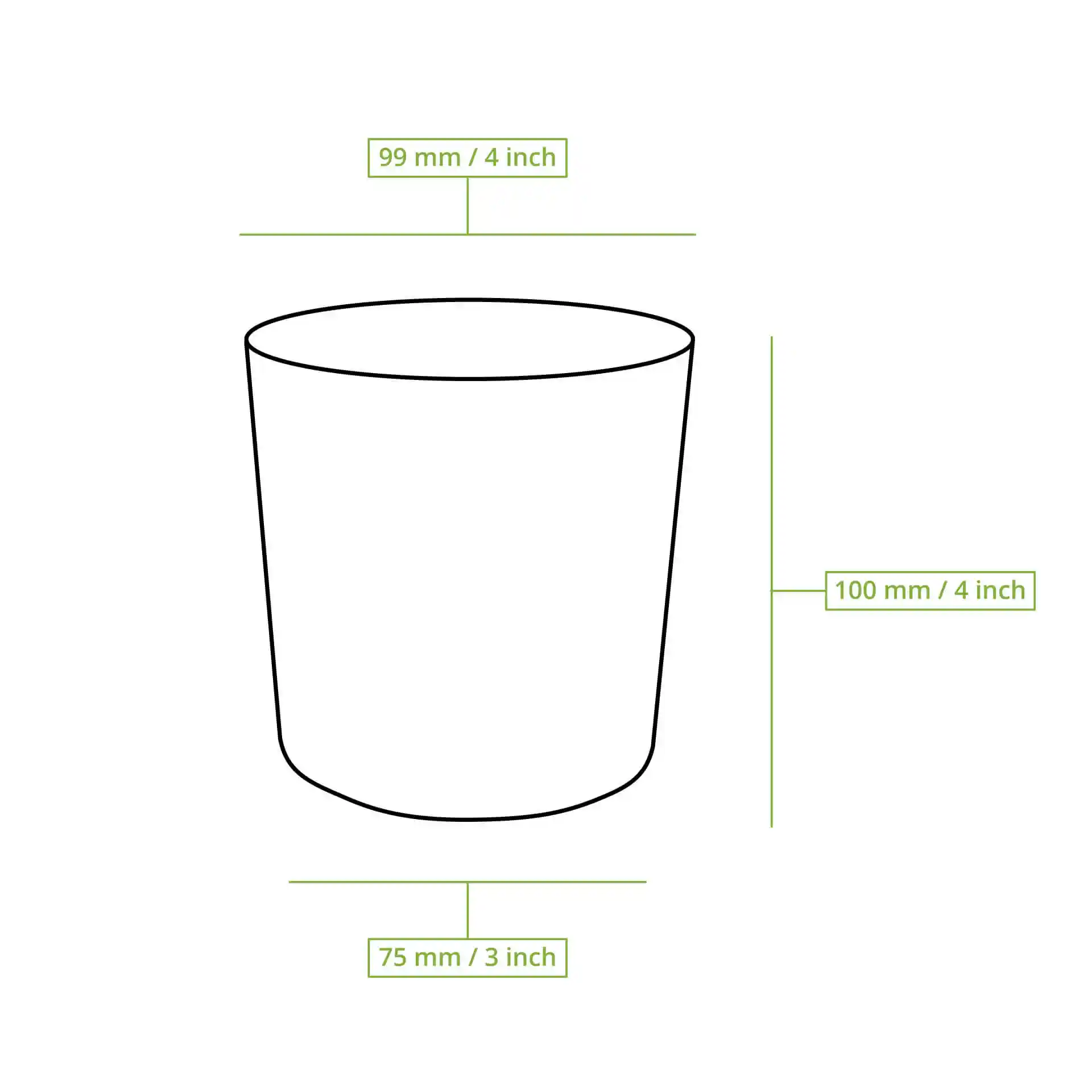 Schematische tekening van een ronde beker met afmetingen: hoogte 100 mm, bovenste diameter 99 mm, onderste diameter 75 mm.