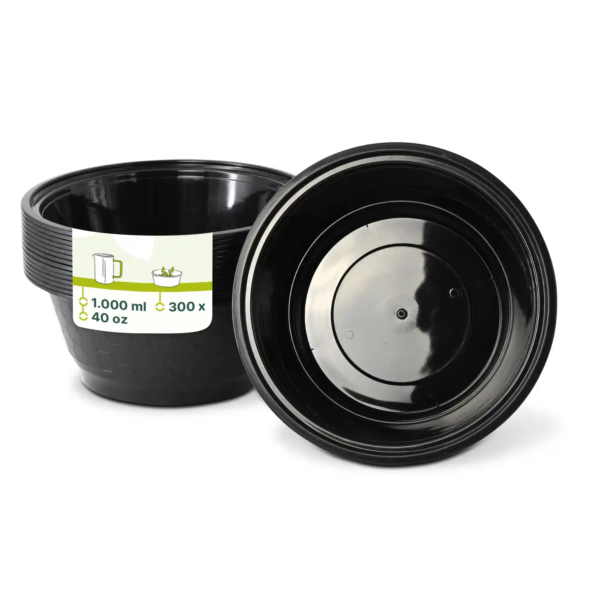 Zwarte herbruikbare container met een capaciteit van 1000 ml, met een diep ontwerp en een zichtbare binnenkant.