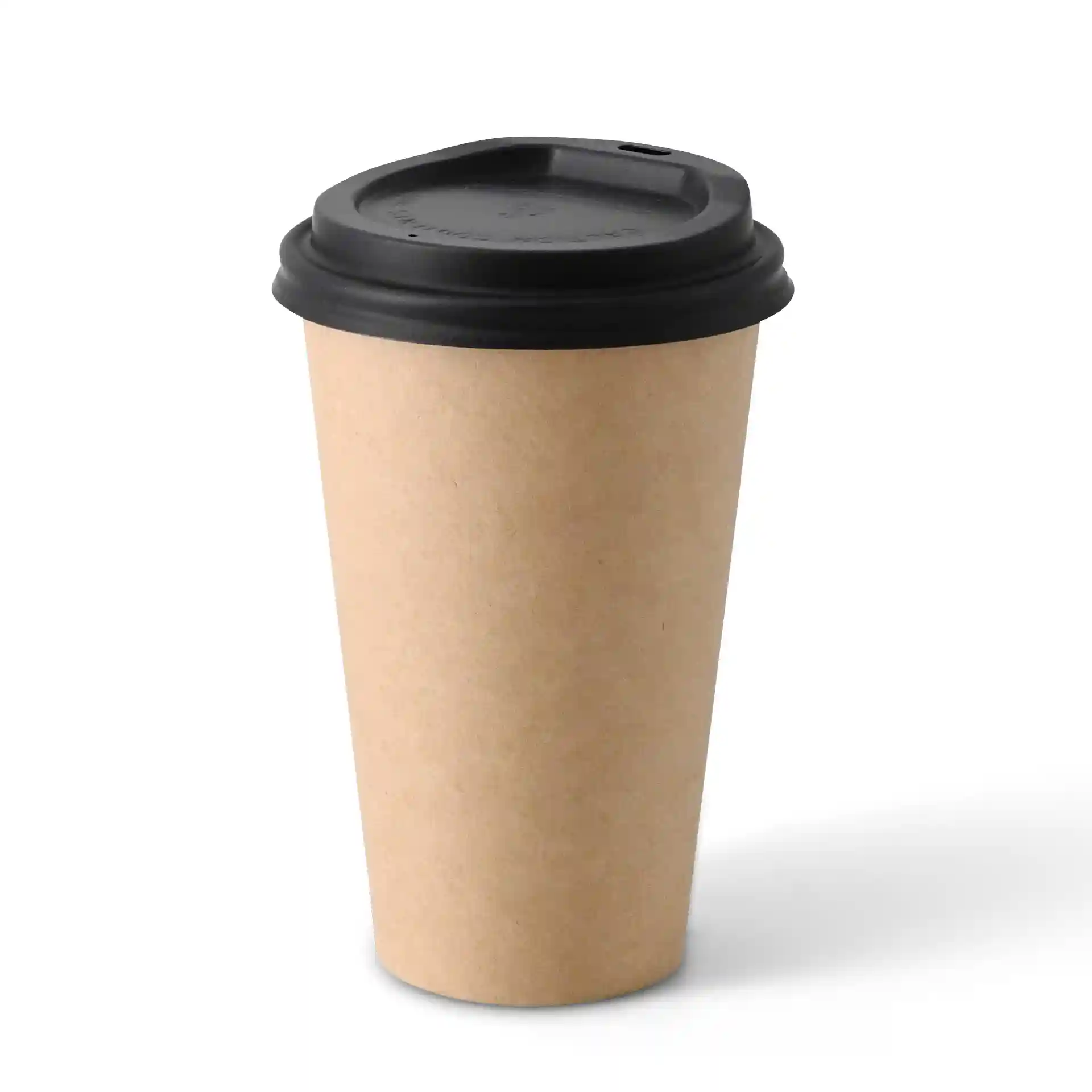 Bruine papieren beker met zwarte deksel, 400 ml capaciteit, enkele wand, 90 mm diameter bovenaan.