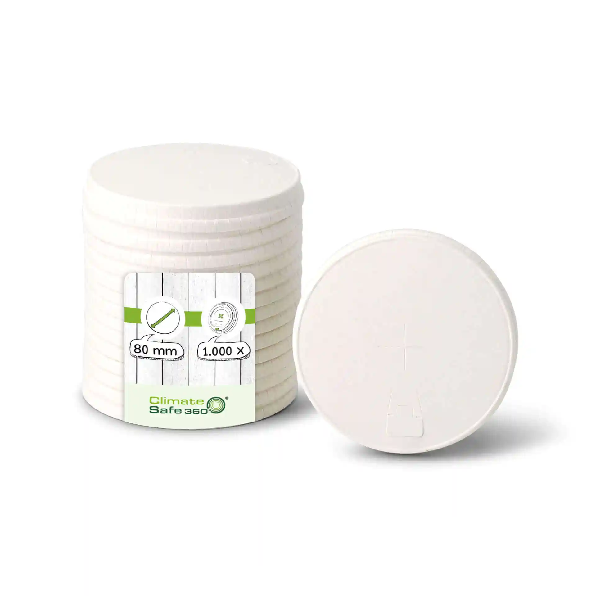 Stapeltje crème-witte papieren deksels met een diameter van 80 mm, met één deksel op zijn zij en een label met productdetails.