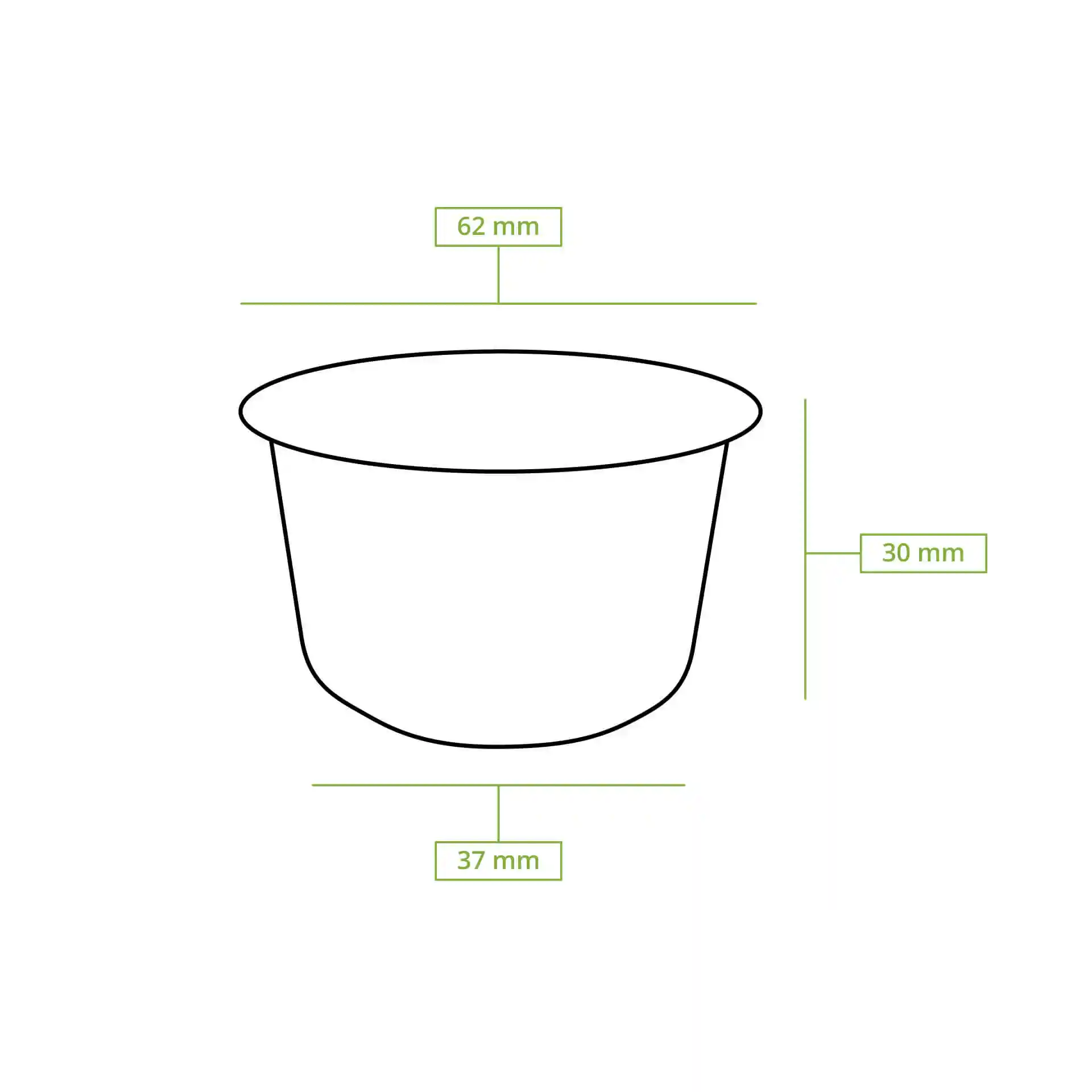 Schematische tekening van een beker met maatlijnen: hoogte 30 mm, diameter 62 mm, en bodemdiaameter 37 mm