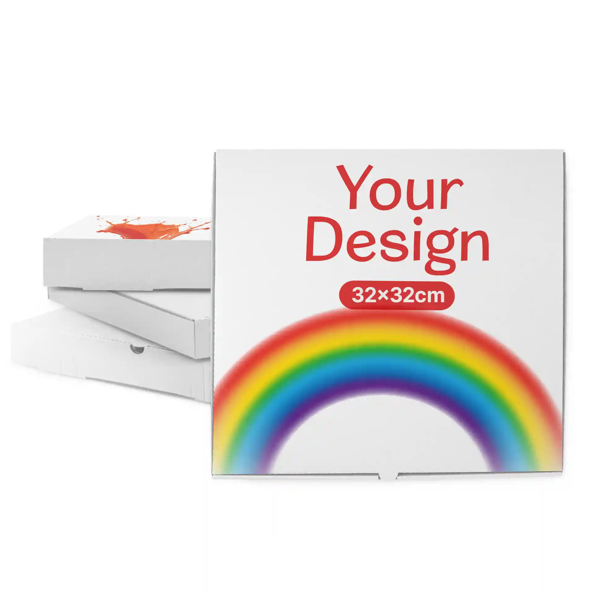 Witte pizzadoos met een regenboogafbeelding en ruimte voor een ontwerp op maat, 32 x 32 x 4 cm.