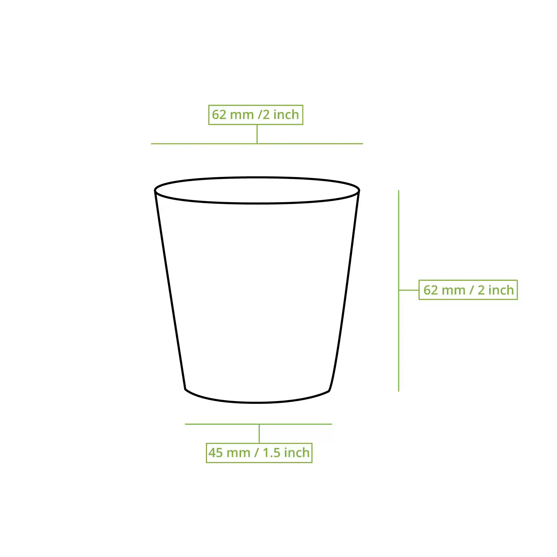 Schematische tekening van een zwarte papieren beker met afmetingen: 62 mm diameter en 62 mm hoogte, 45 mm basisdiameter.