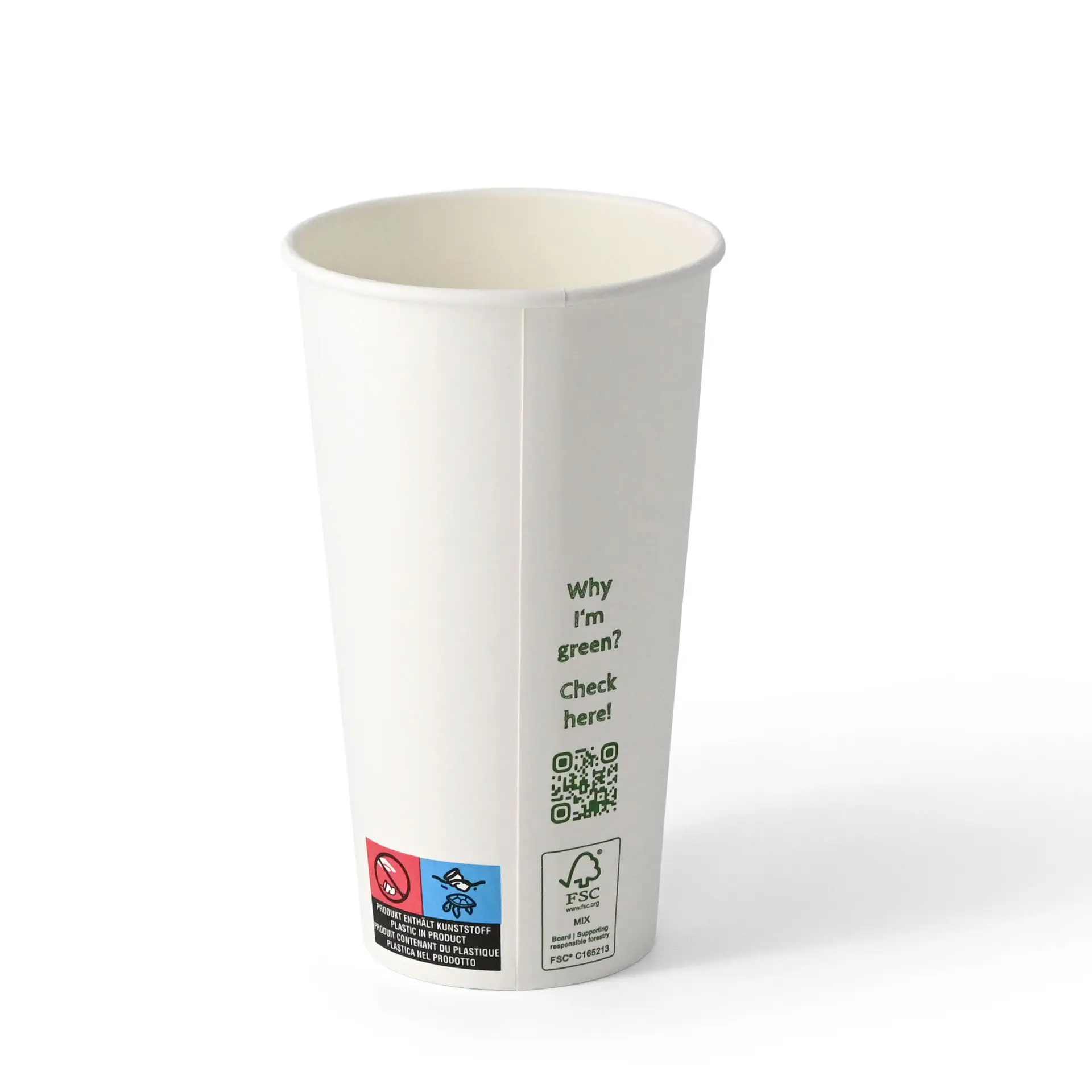 Witte enkelwandige papieren beker met PLA-coating, met een QR-code en duurzaamheidsmarkeringen. Geschikt voor warme en koude dranken.