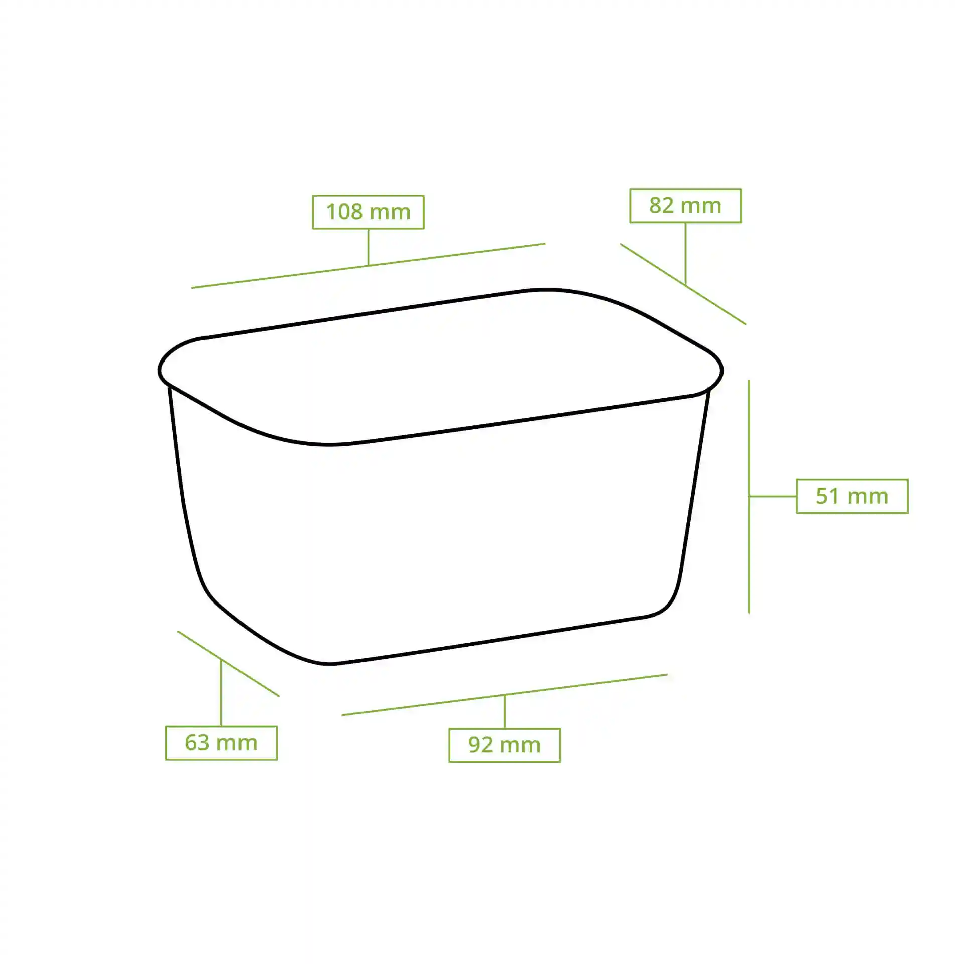 Schematische tekening van een rechthoekige voedselcontainer met maatlijnen die 107 mm lengte, 82 mm breedte en 52 mm hoogte aangeven.