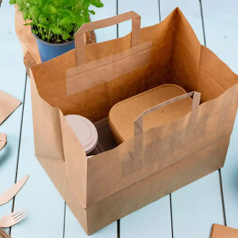 Bruine papieren tas met handvatten, met een ronde container en een rechthoekige doos, omringd door bestek en een plant.