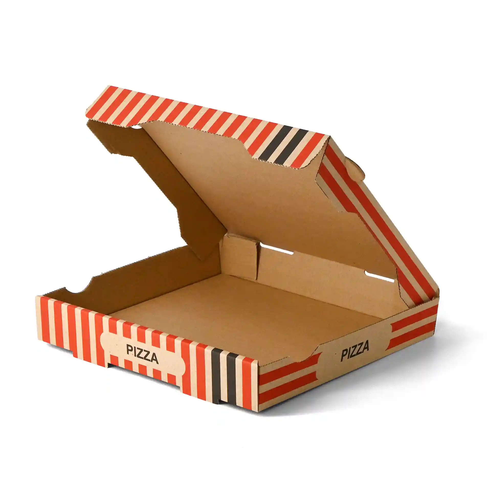 Karton pizza doos met een bruine basis en een rood gestreept ontwerp, 28 x 28 x 4 cm, gedeeltelijk open.