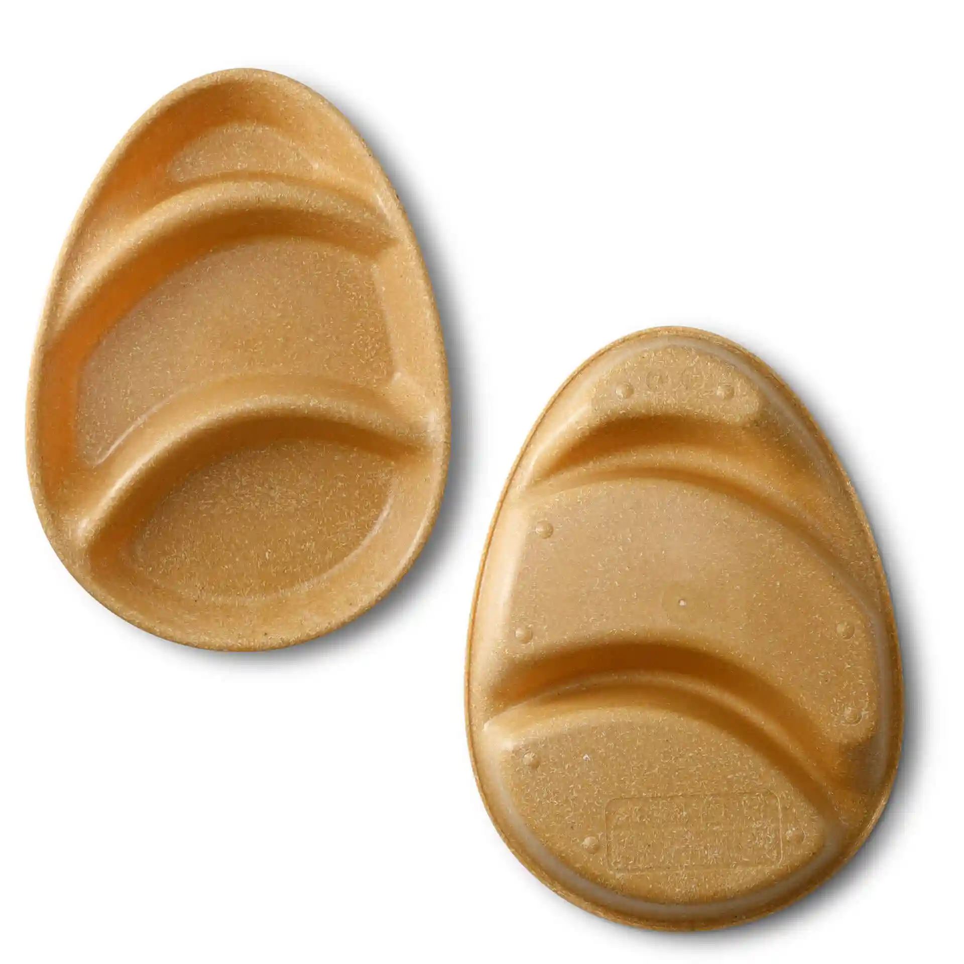 Herbruikbaar menubord in karamelbruin met drie vakken, ovale vorm, afmetingen 27,5 x 20 x 3,5 cm.