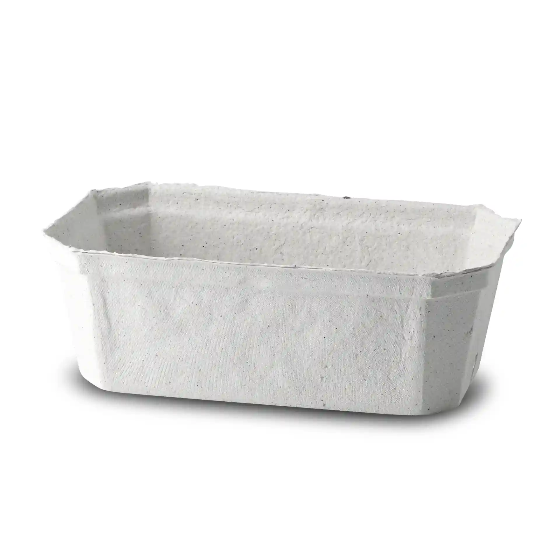 Rechthoekige bessenpunnet van wit houtpulp, 185 mm lang, 115 mm breed en 65 mm hoog.