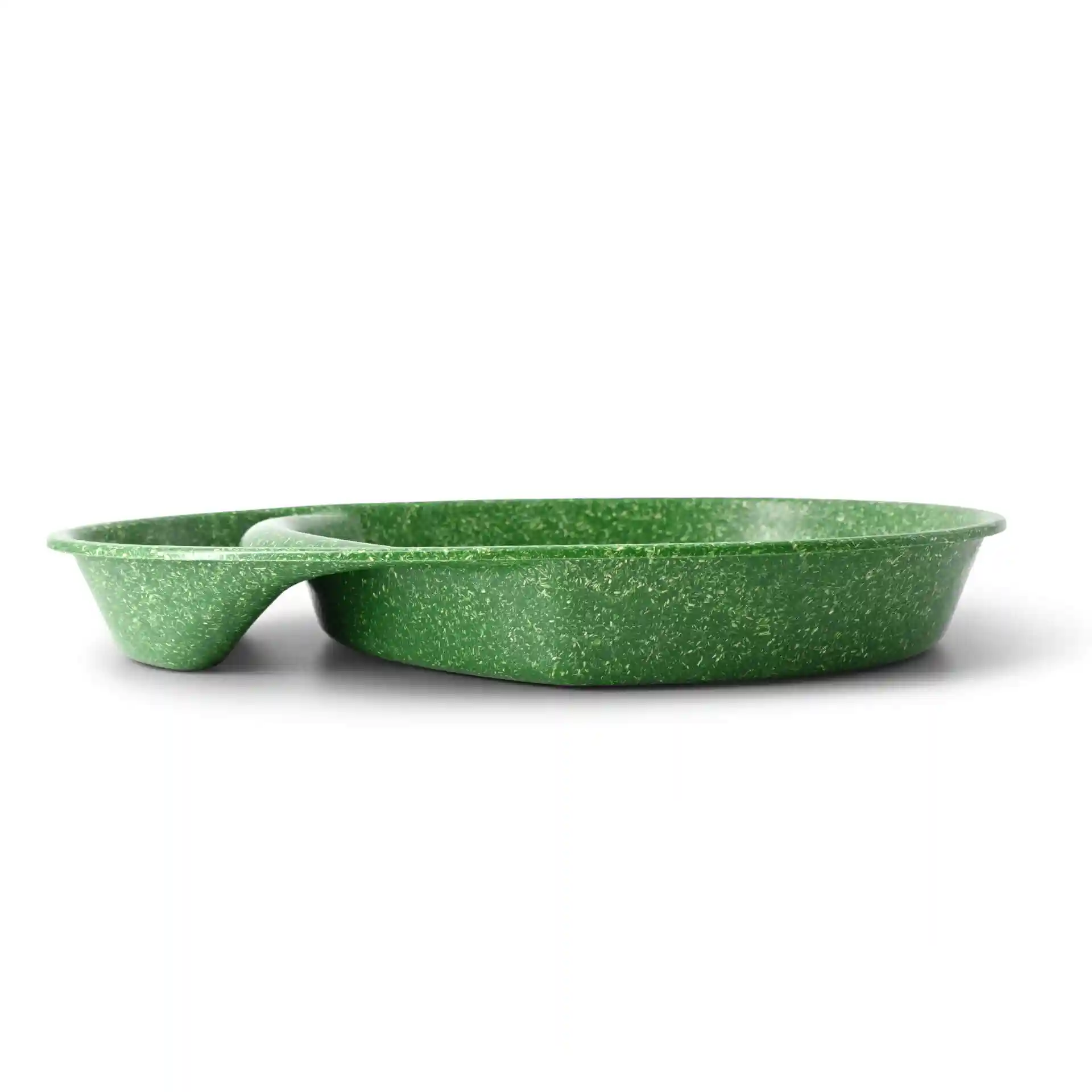Donkergroene herbruikbare verdeelde plaat met twee compartimenten, 27,5 × 20 cm groot.