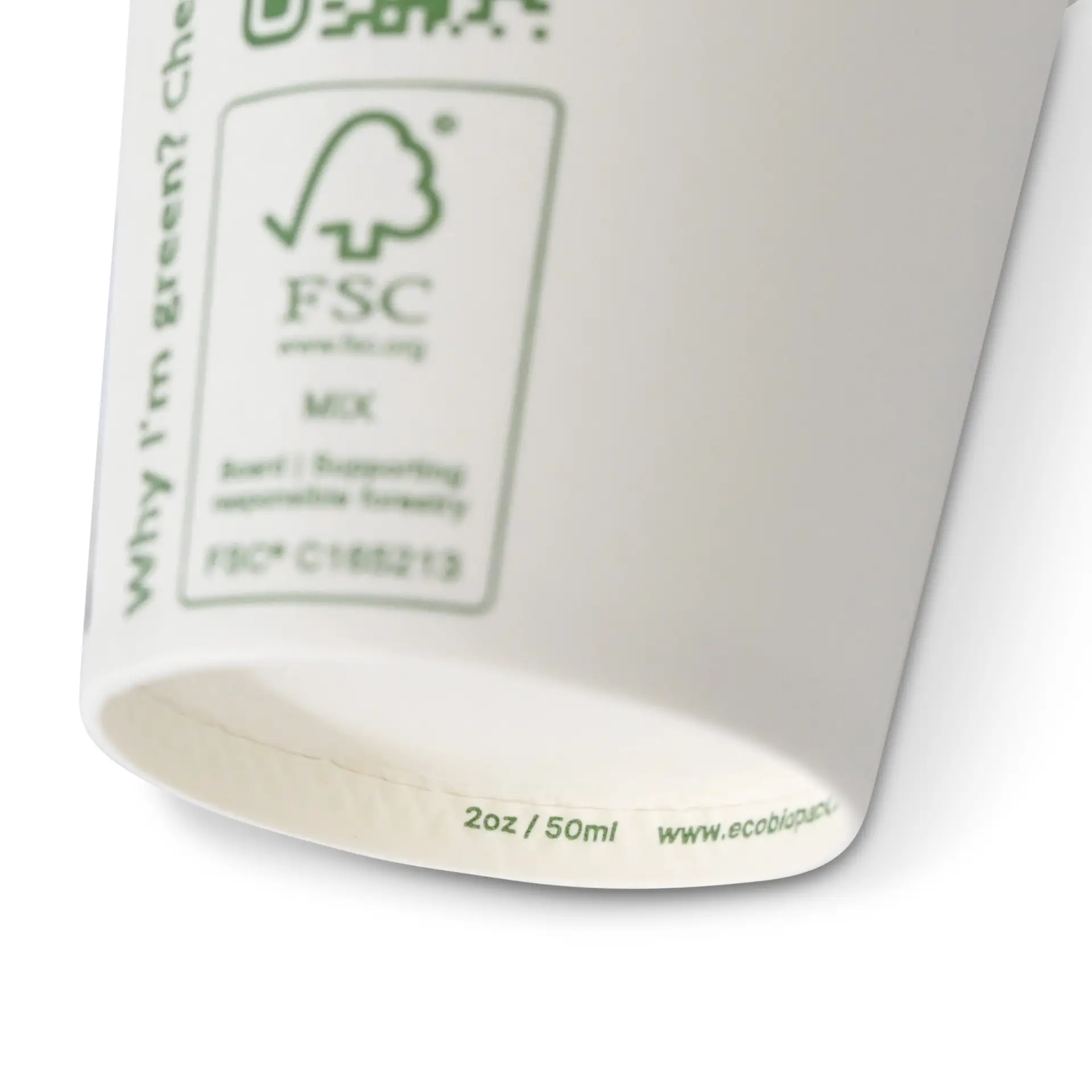 Witte papieren beker met enkele wand, 50 ml/2 oz, PLA-gecoat; voorzien van FSC-label voor duurzame materialen.