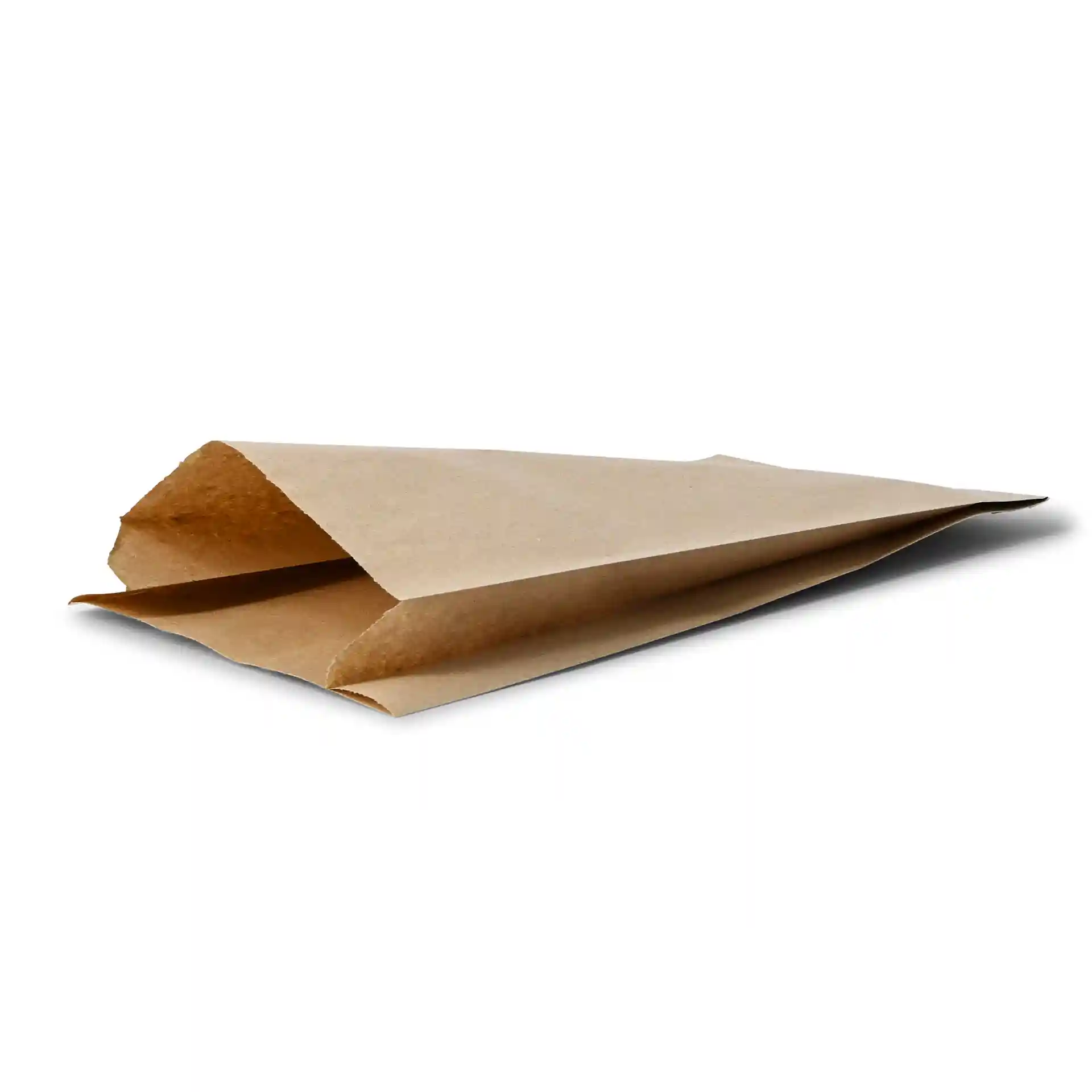 Bruine platte papieren tas van 15 x 6 x 29 cm, met een open bovenkant en zonder coating of kijkvenster.