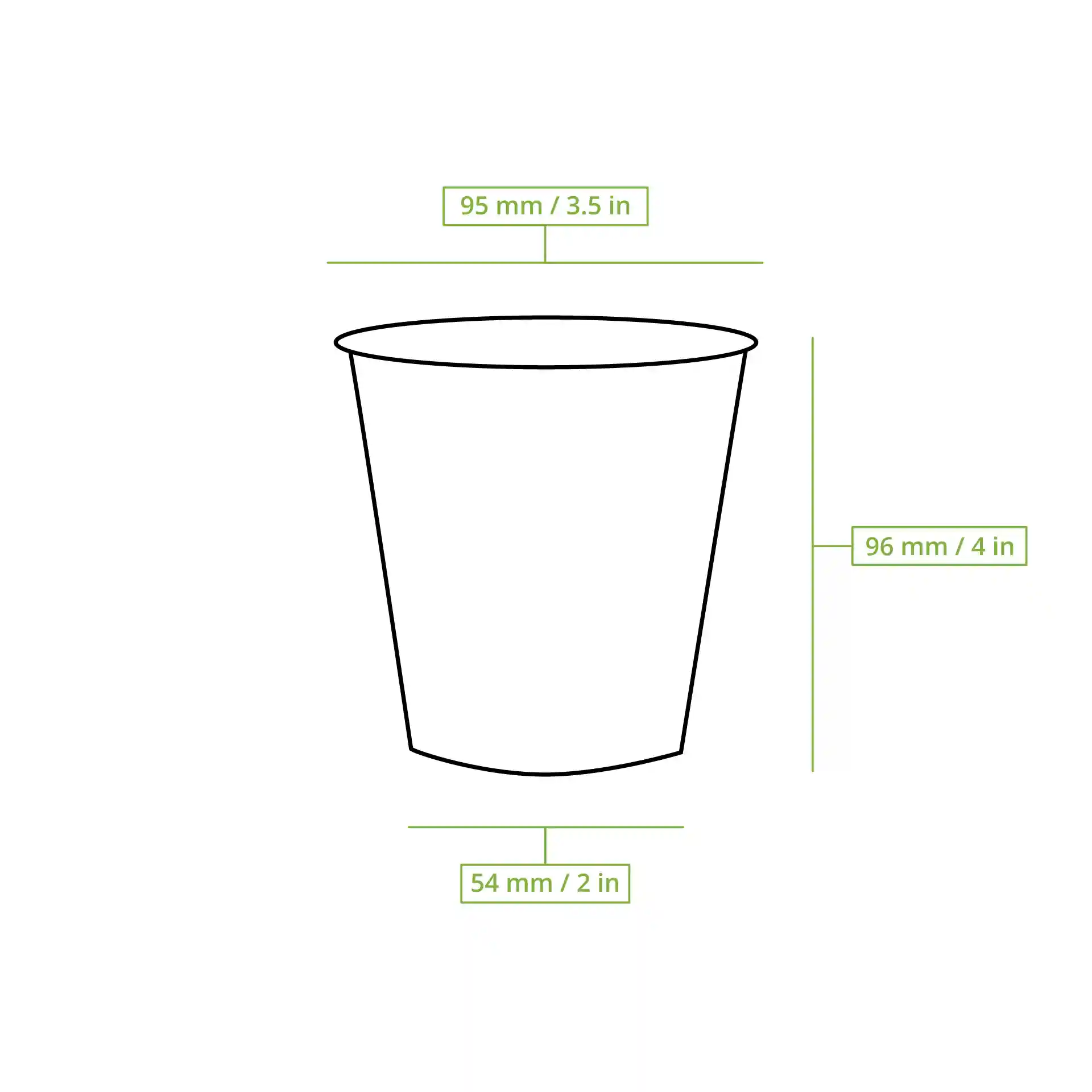 Schematische tekening van een beker met dimensielijnen die een hoogte van 96 mm, een bovenste diameter van 95 mm en een onderste diameter van 54 mm tonen.