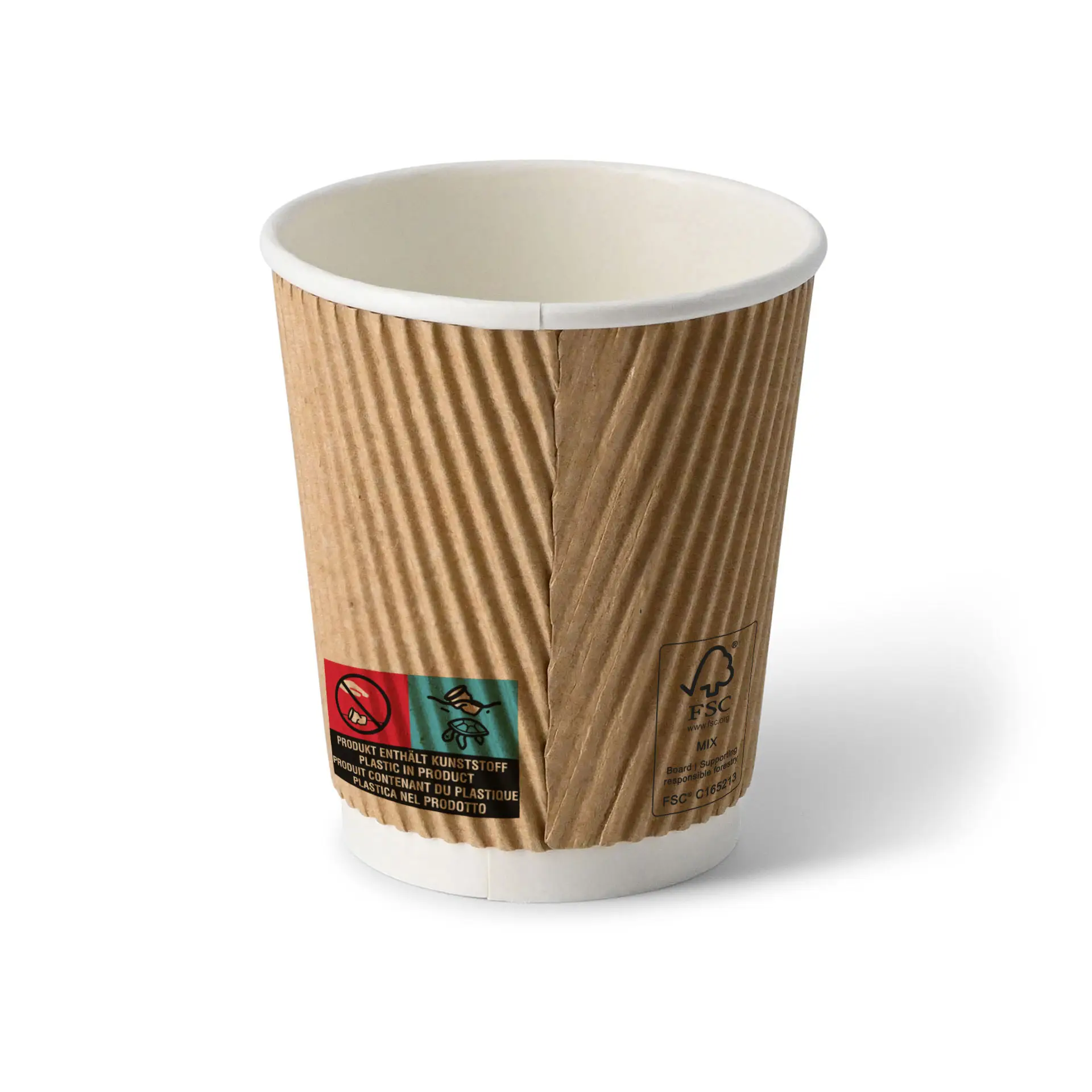 Bruine golfvormige beker met witte binnenkant, 8 oz capaciteit, met een waarschuwingslabel en FSC-symbool.