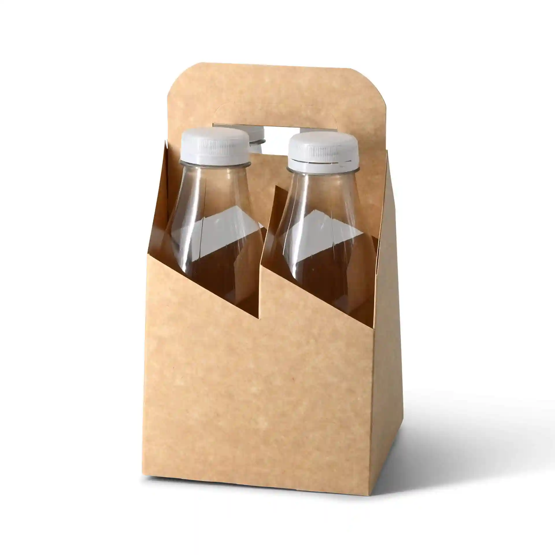 Kartonhouder met twee heldere rPET-flessen met witte deksels, ontworpen voor een capaciteit van 500 ml elk.