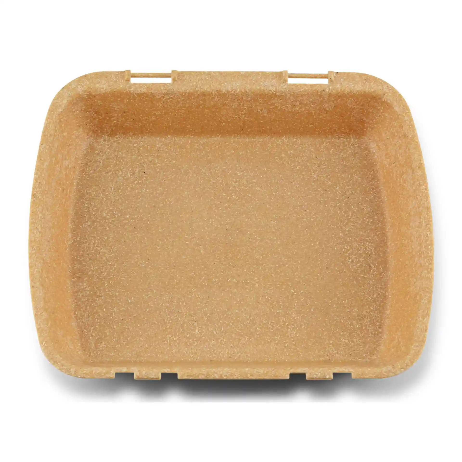 Rechthoekige bruine herbruikbare menubak van biocomposiet, 24,5 x 20 x 4,5 cm groot.