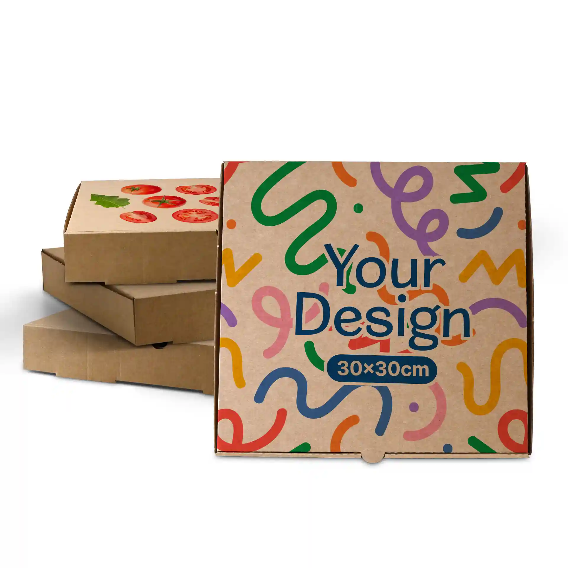 Bruine pizzadoos met kleurrijk abstract ontwerp, afmetingen 30 x 30 cm, voor verschillende soortgelijke dozen.