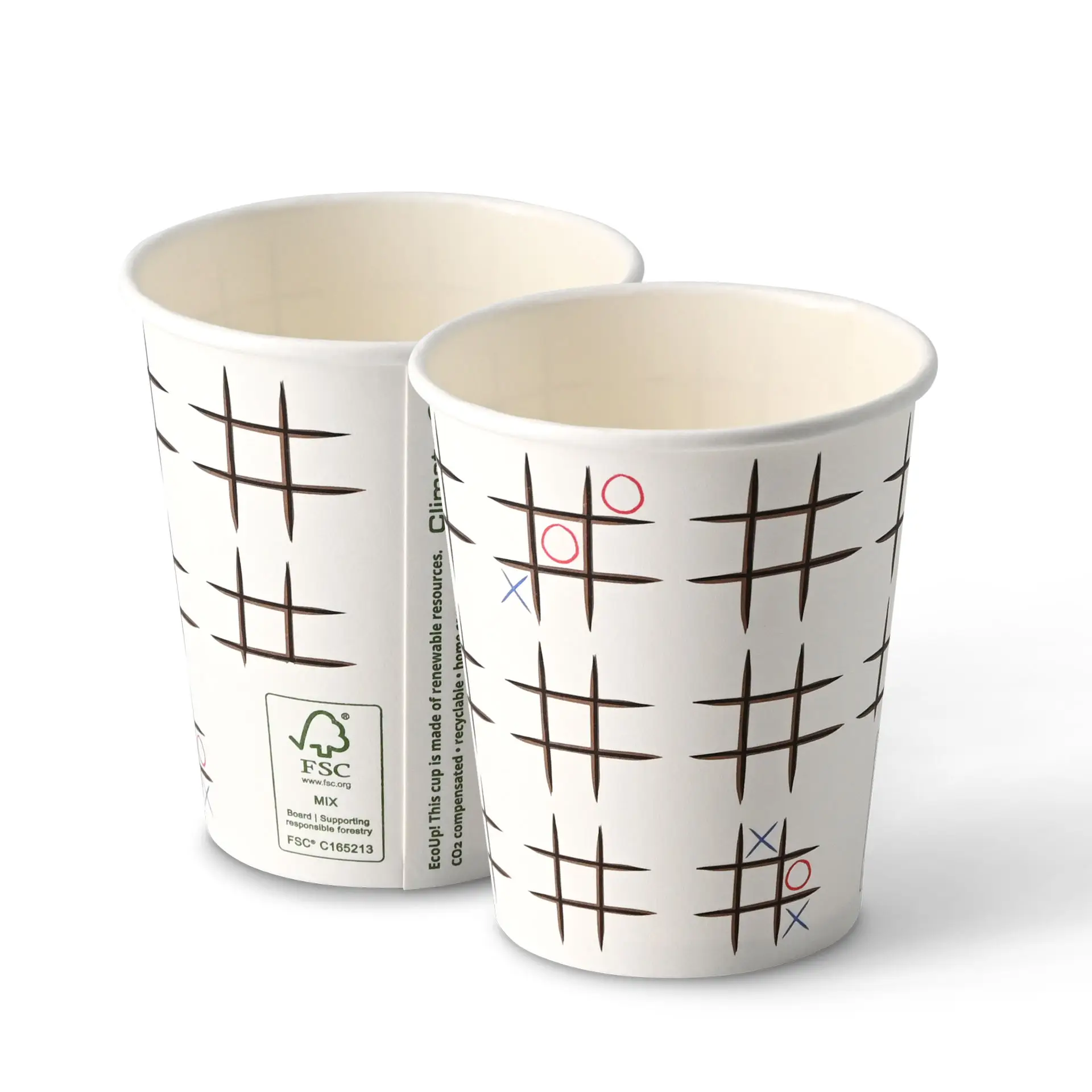 Bedrukte kartonnen beker "Tic Tac Toe" 200 ml / 8 oz, Ø 80 mm, wit