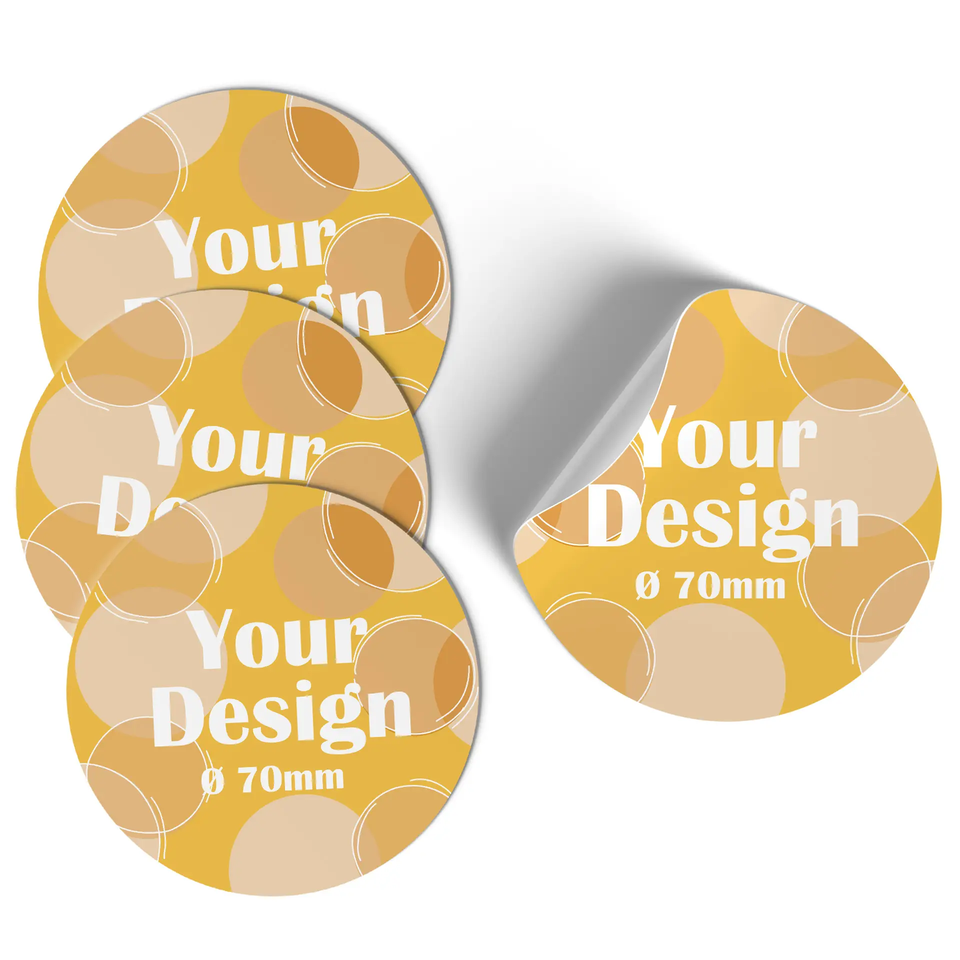 Ronde blauwe label met een wit ontwerp; diameter is 7 cm.