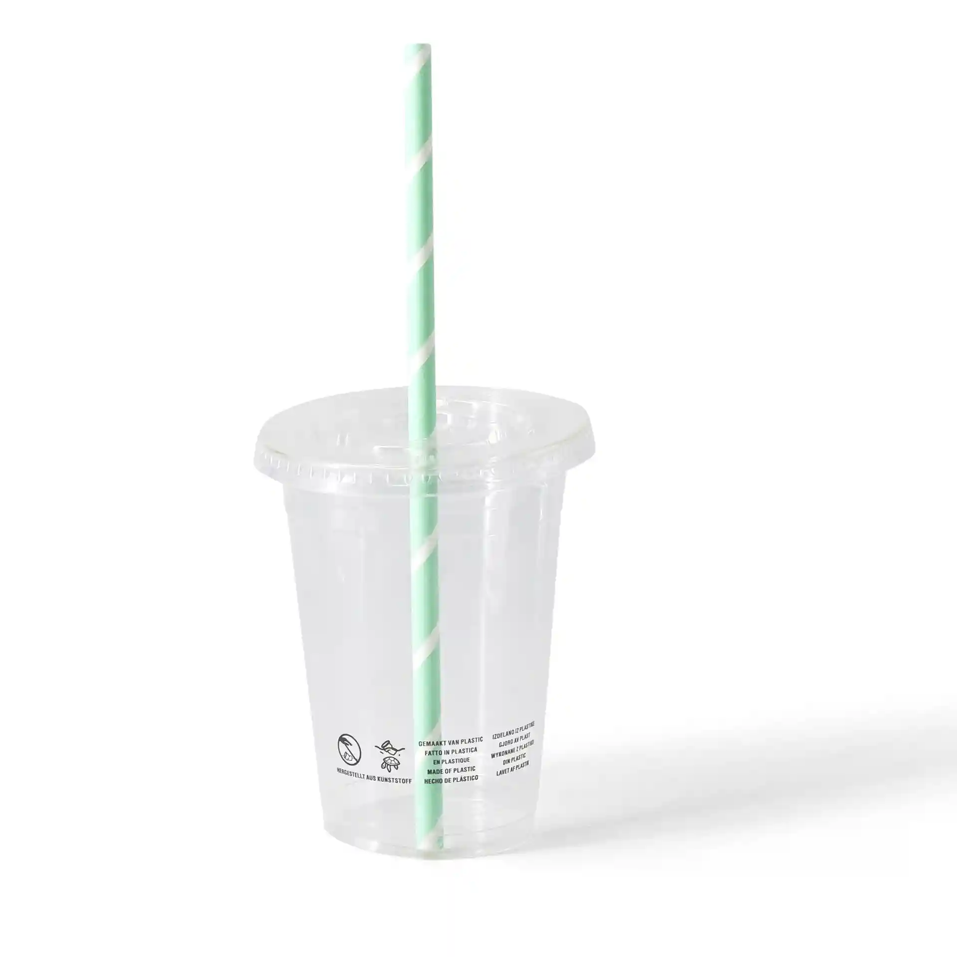 Heldere PLA-plastic beker met een groen-wit gestreepte rietje, 400 ml capaciteit, op een effen achtergrond.