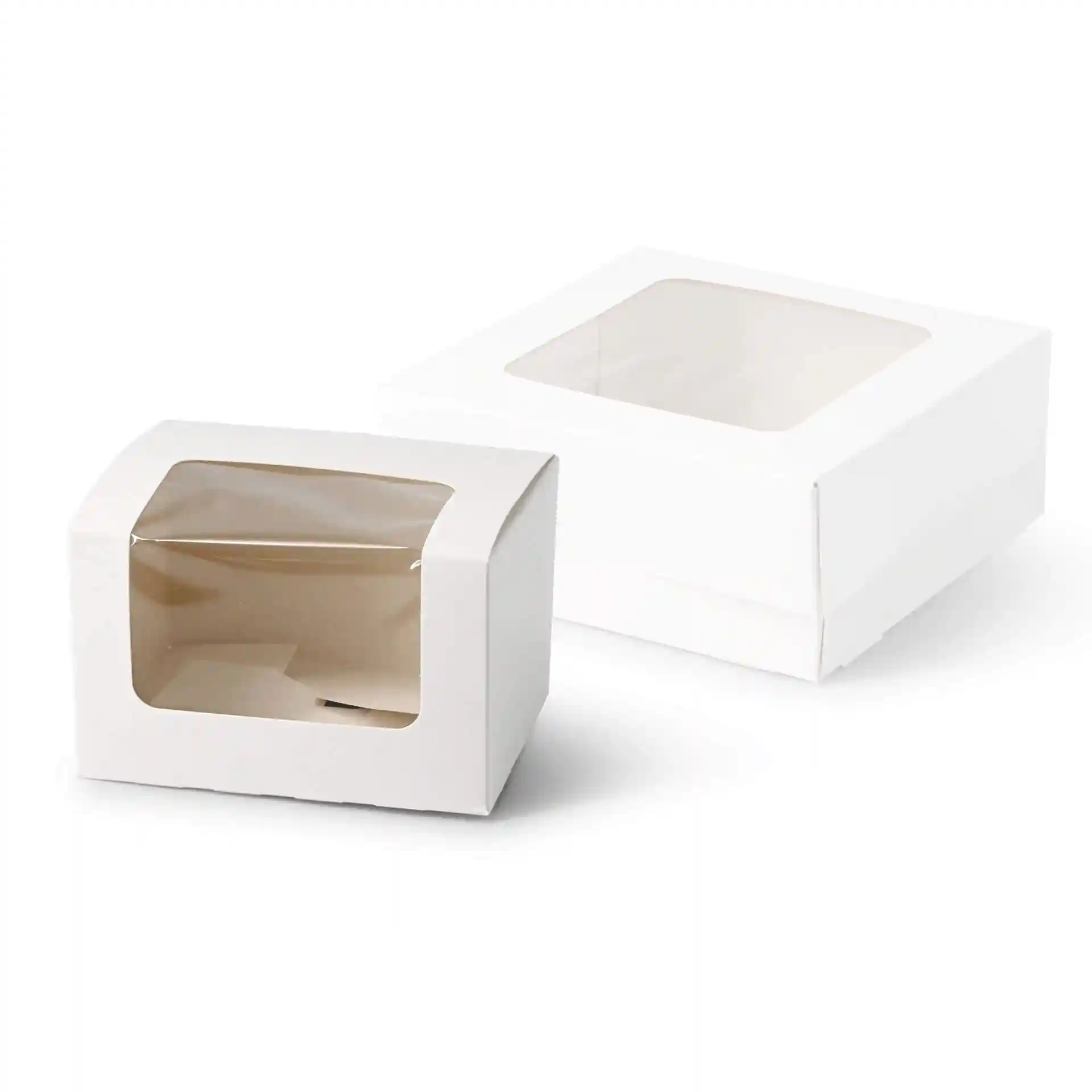 Witte gebakdozen met cellulose vensters, 13 x 11 x 8 cm, in twee maten weergegeven.