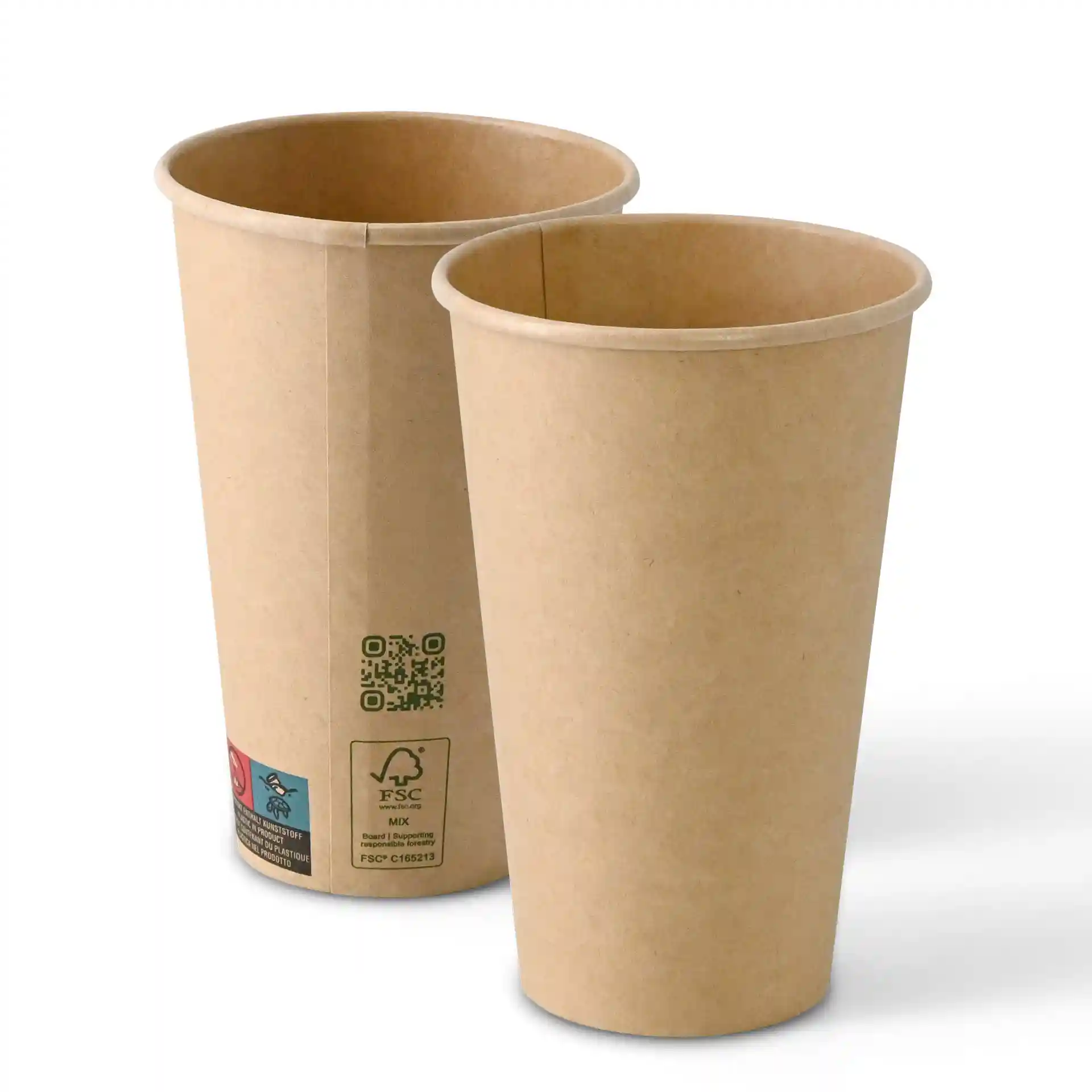 Bruine papieren beker met enkele wand, 400 ml capaciteit en een diameter van 90 mm, vanuit twee hoeken getoond.