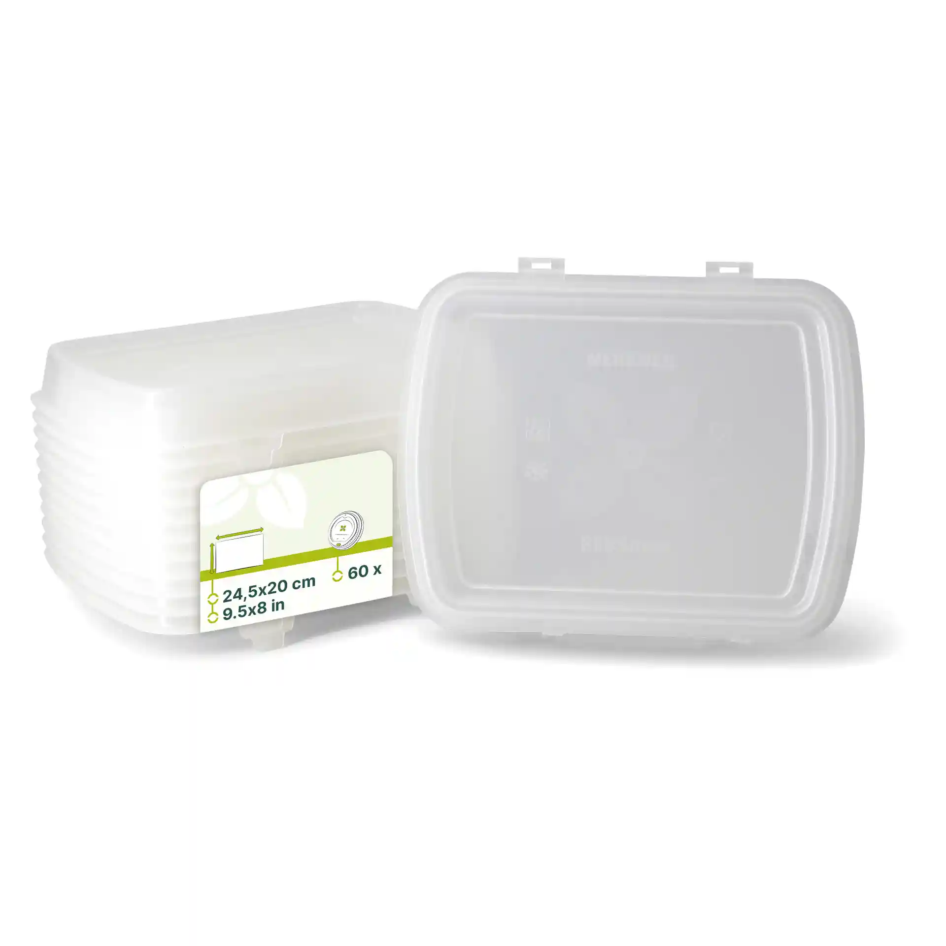 Transparante herbruikbare container met label, afmetingen 24,5 x 20 x 4,5 cm, gestapeld met meerdere soortgelijke containers.