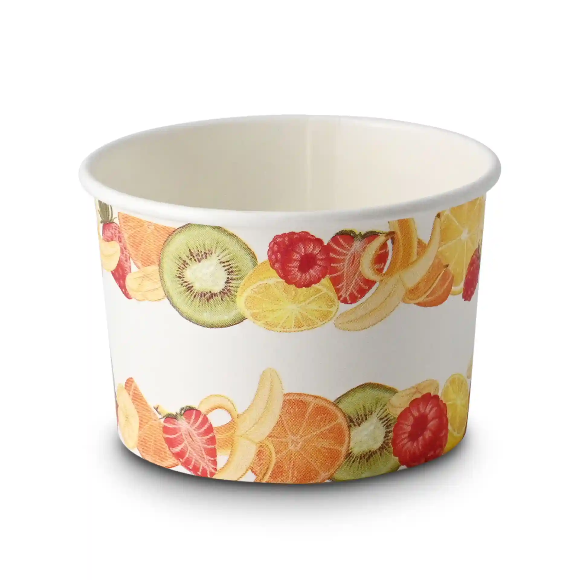 Papieren beker met fruitontwerp, 8 oz capaciteit, 92 mm diameter bovenaan en 62 mm hoogte.