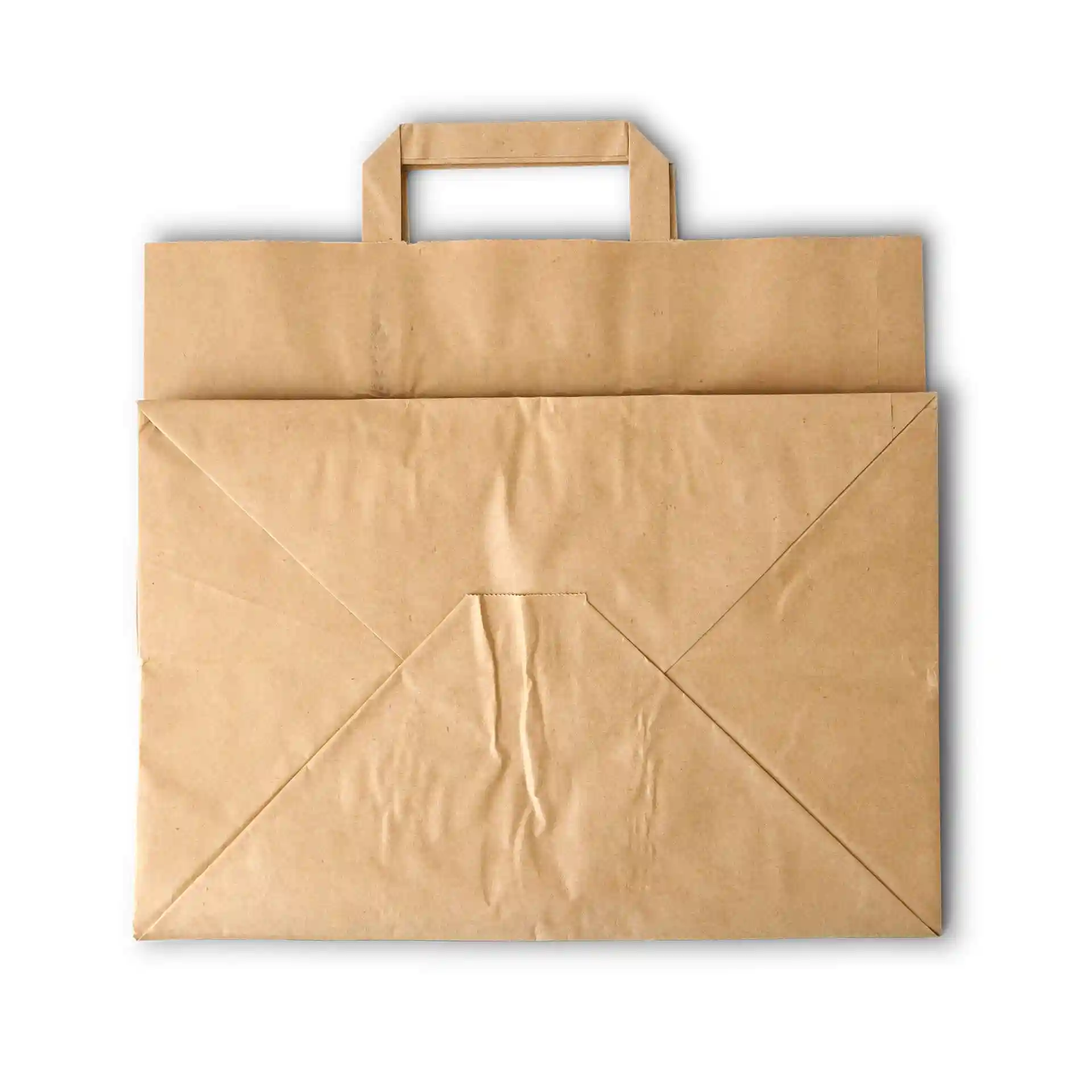 Bruine kraftpapier draagtas met handvat, met een gevouwen ontwerp en zonder coating.
