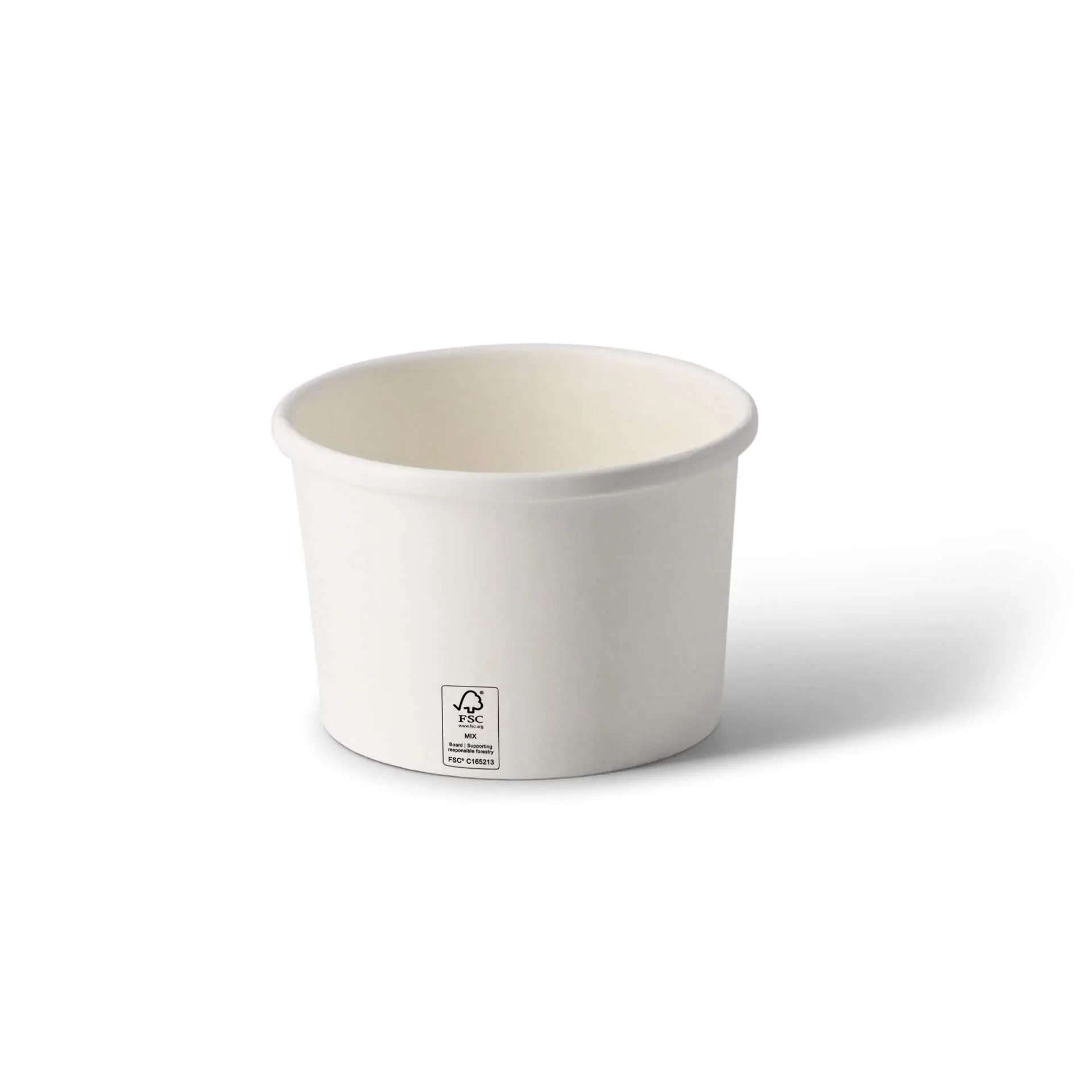 Witte papieren soepcontainer, ronde vorm, 8 oz capaciteit, met een zichtbaar label aan de onderkant.