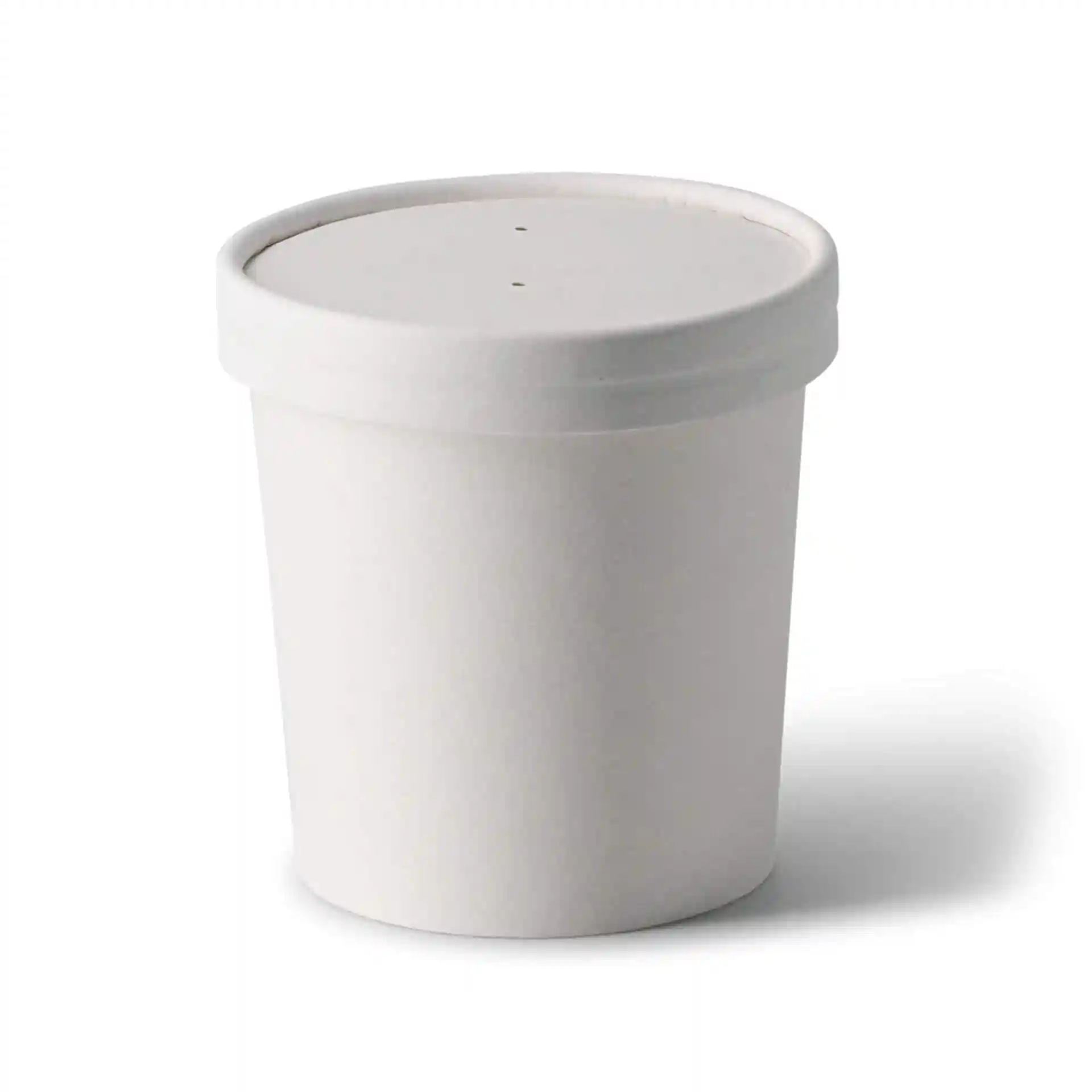 Witte ronde papieren soepcontainer met deksel, 12 oz capaciteit, diameter 90 mm, hoogte 90 mm.