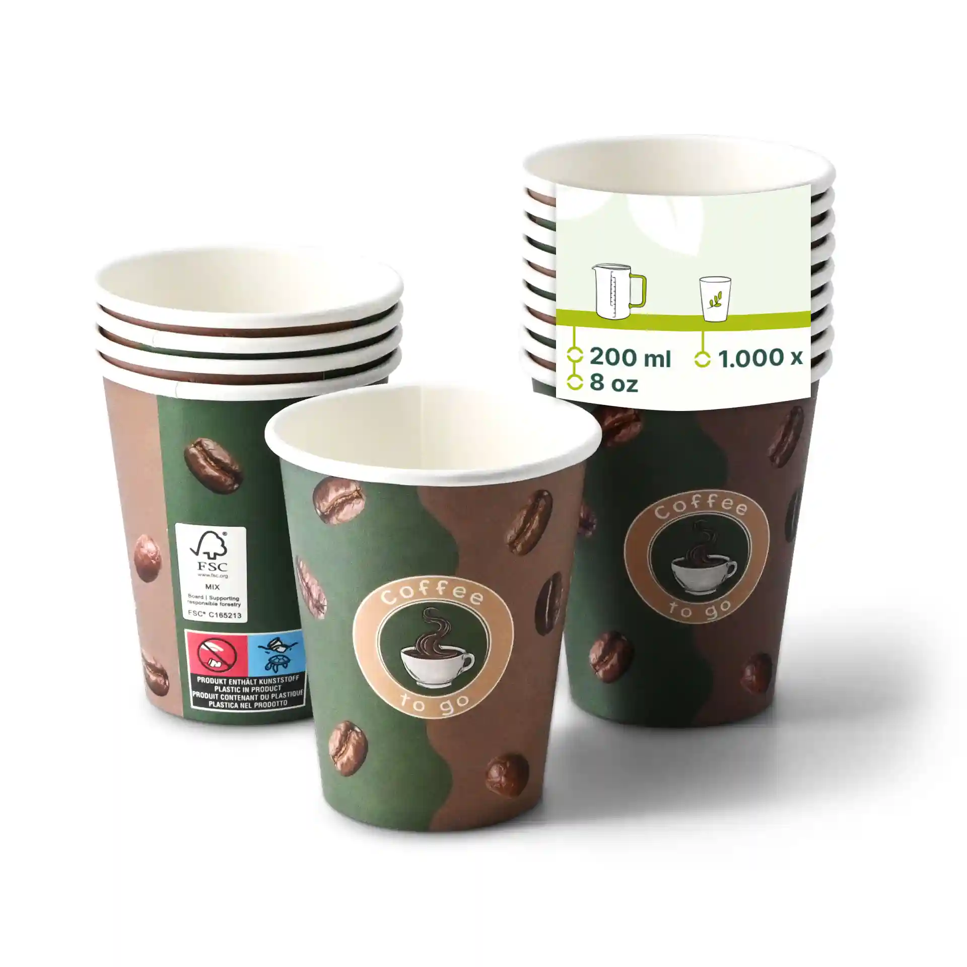 Ronde papieren beker met gedrukt koffiedesign, 8 oz capaciteit, gestapeld met verschillende soortgelijke bekers erachter.