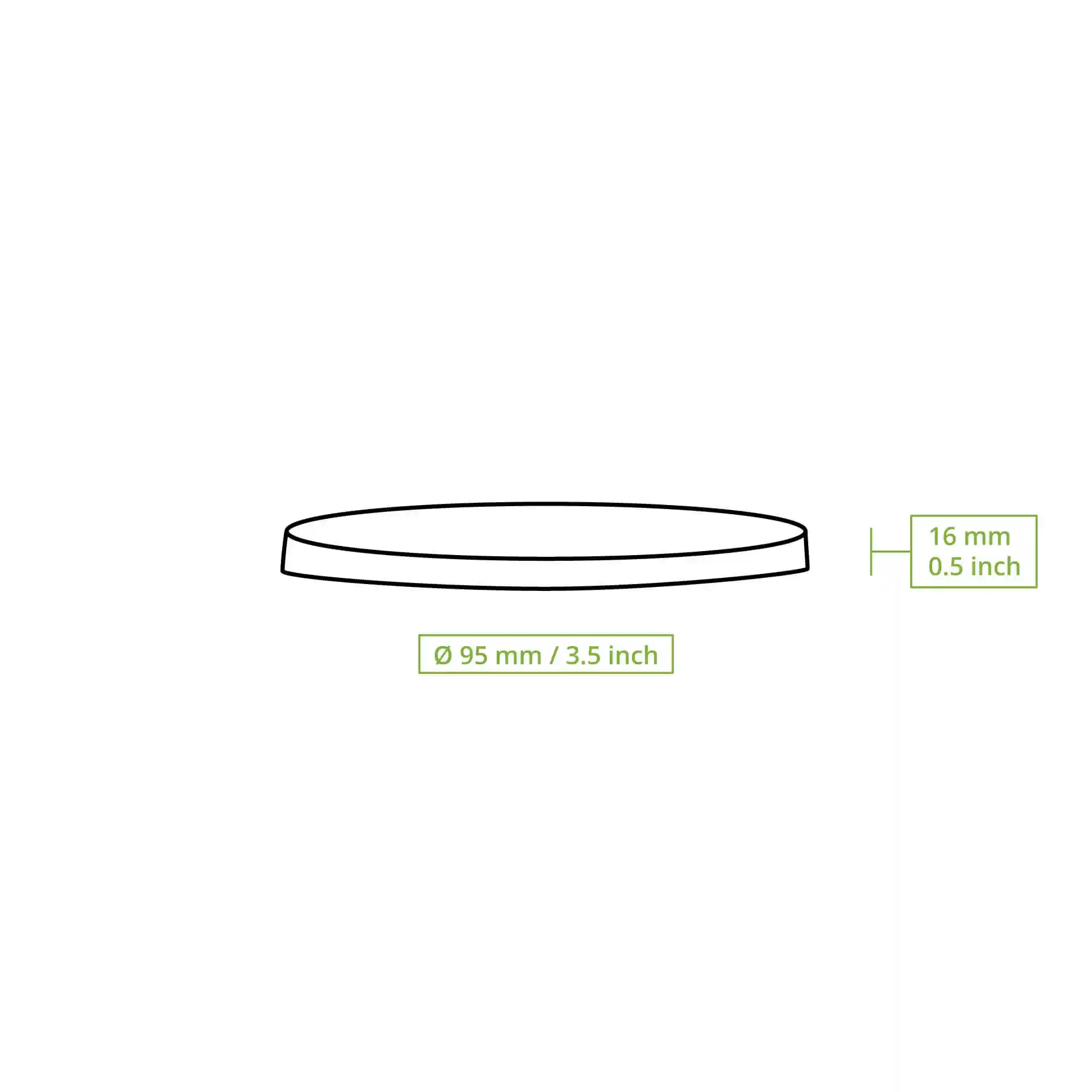 Schematische tekening van een ronde kartonnen deksel met een diameter van 95 mm en een hoogte van 16 mm.